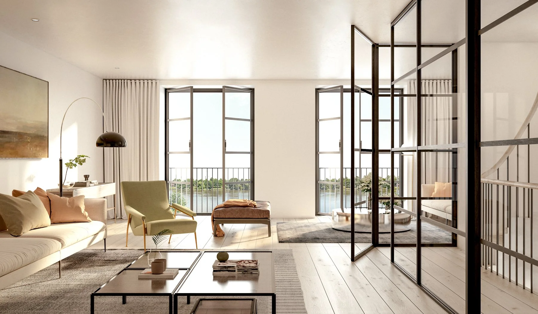 Modern living room with large windows overlooking a water view, featuring a beige sofa, green armchair, coffee tables, a wooden ottoman, and a glass partition with a spiral staircase behind it.