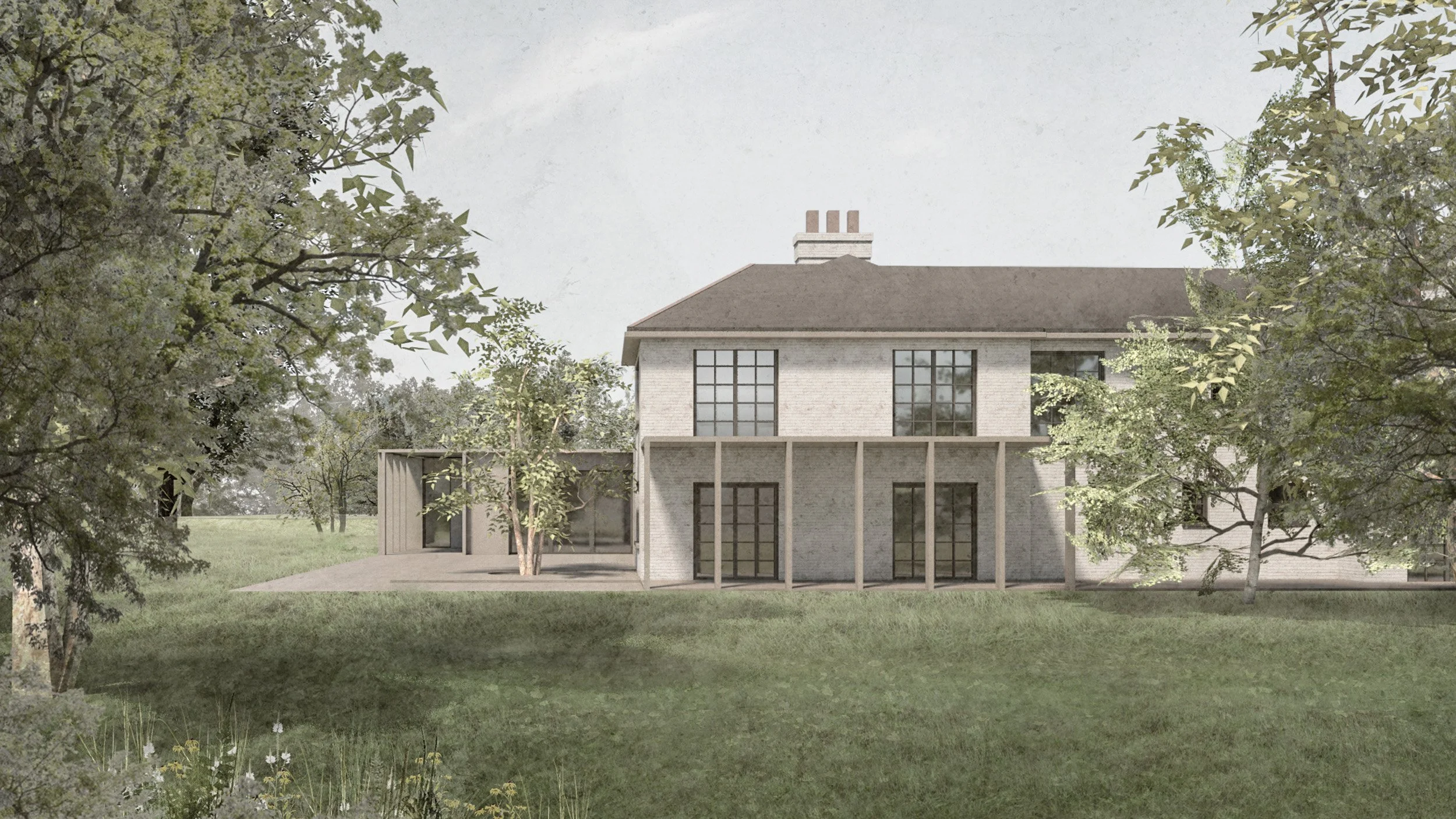 A modern two-story house with large windows, a spacious backyard, and several trees surrounding the property.