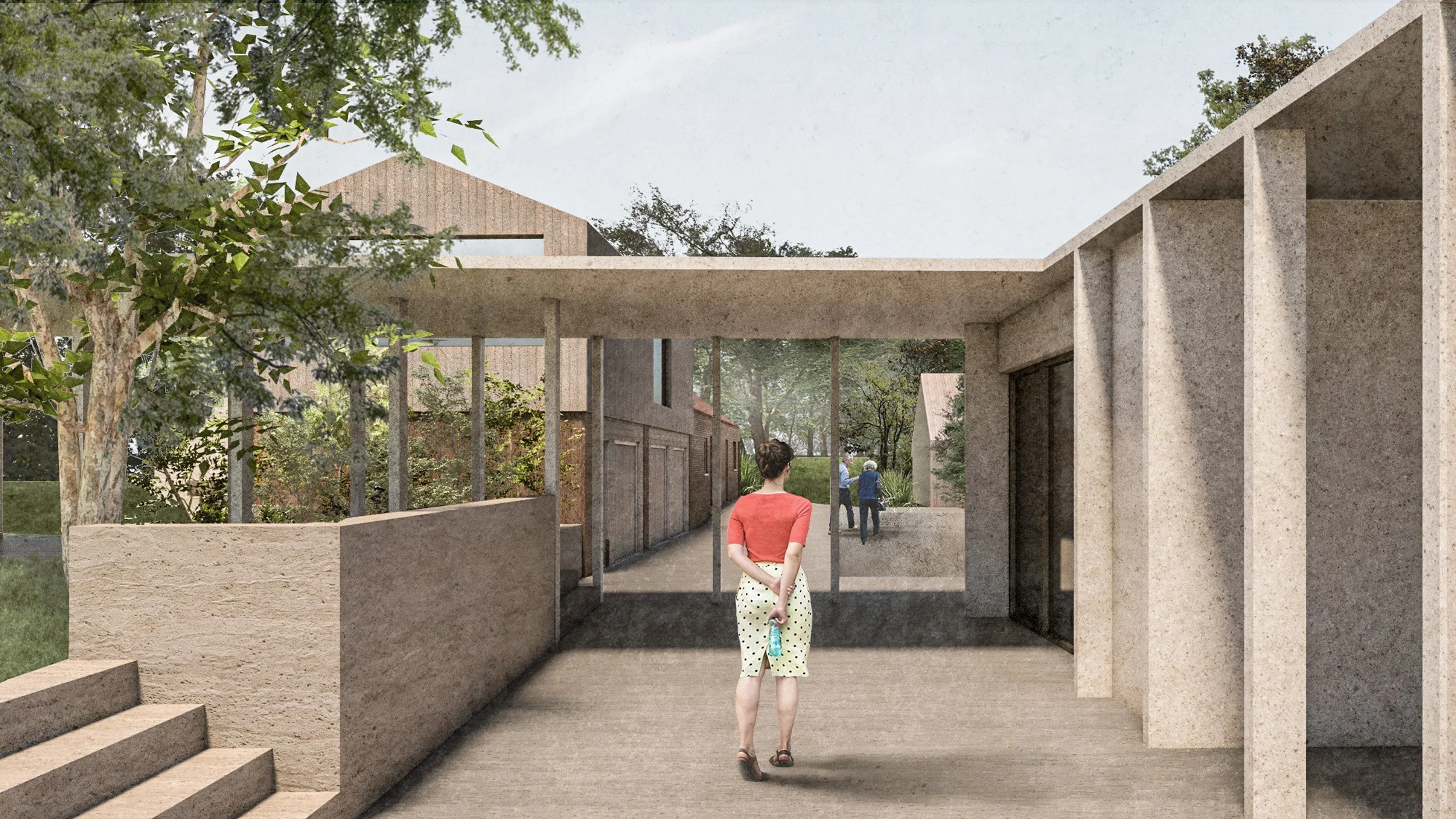 A woman walks through a modern architectural entrance with concrete walls, stairs on the left, and greenery around. She is wearing a red top and polka dot skirt, with her hands behind her back holding a water bottle. In the background, other people are walking along a path surrounded by trees.