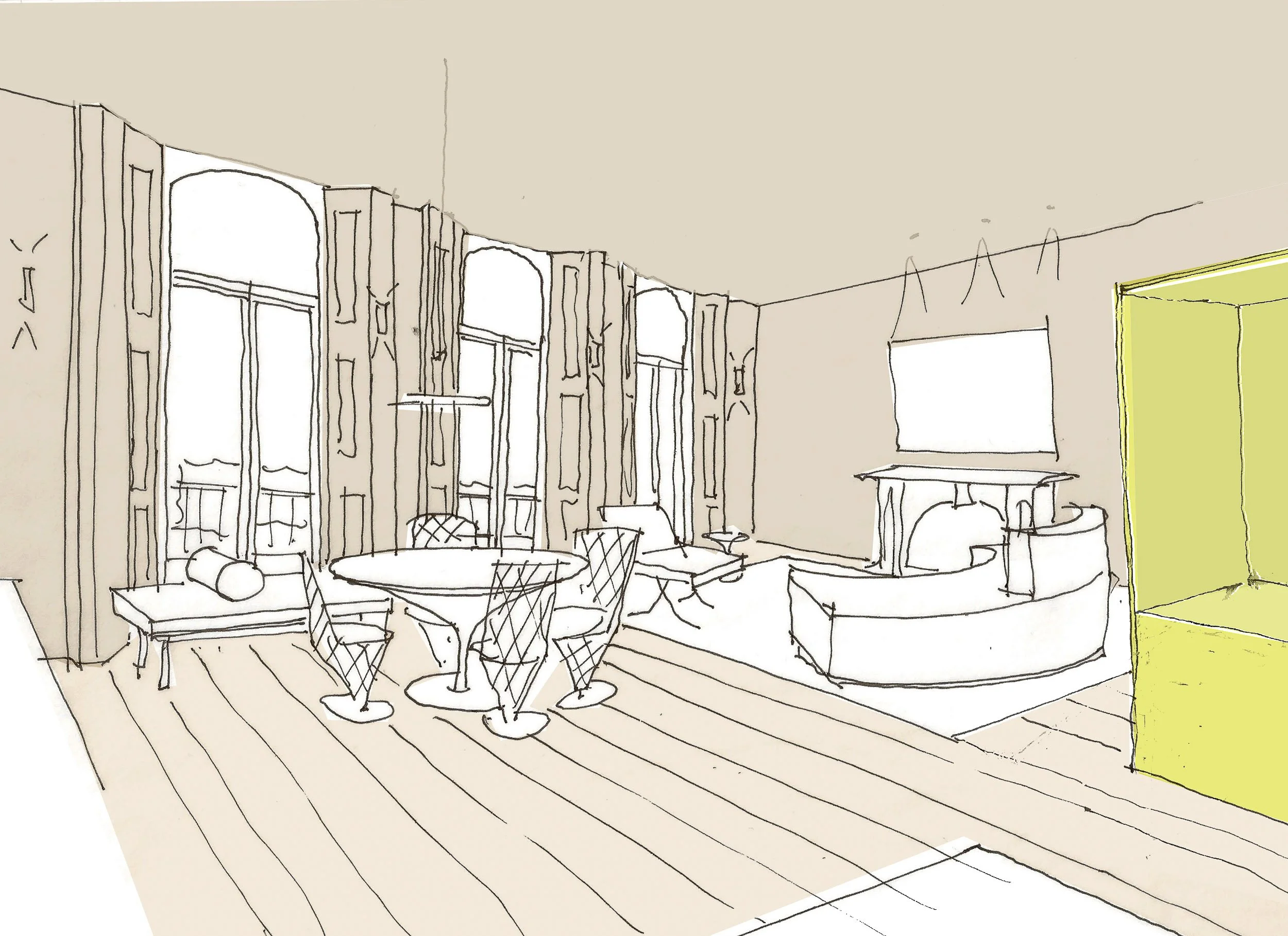A hand-drawn sketch of a living room with tall windows, curtains, a round dining table with chairs, a fireplace, and a window on the side. The sketch includes some color accents on the walls and furniture.