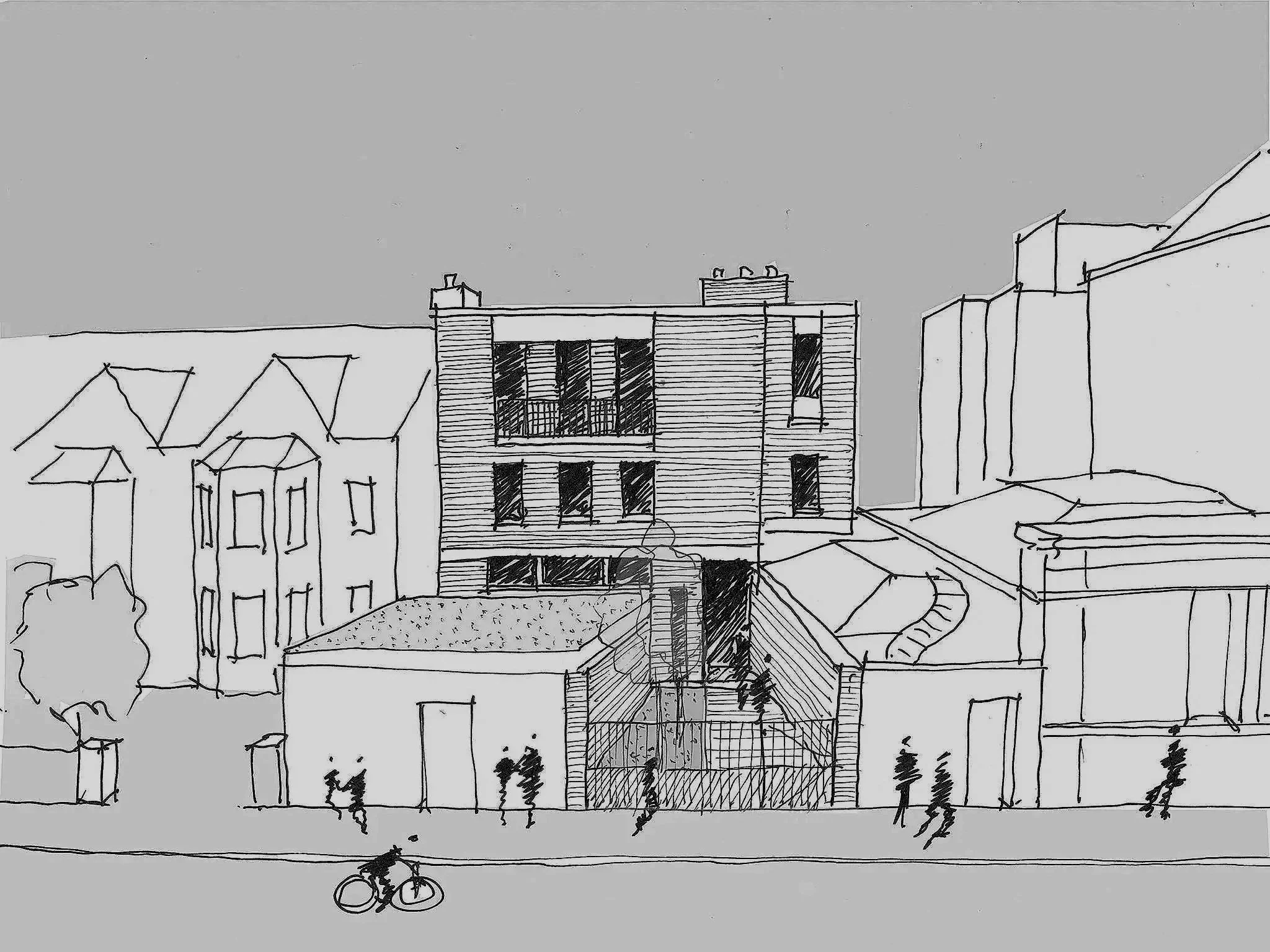 Sketch of a cityscape showing multiple buildings, including a modern apartment with large windows, a row of houses, and other structures under a cloudy sky.