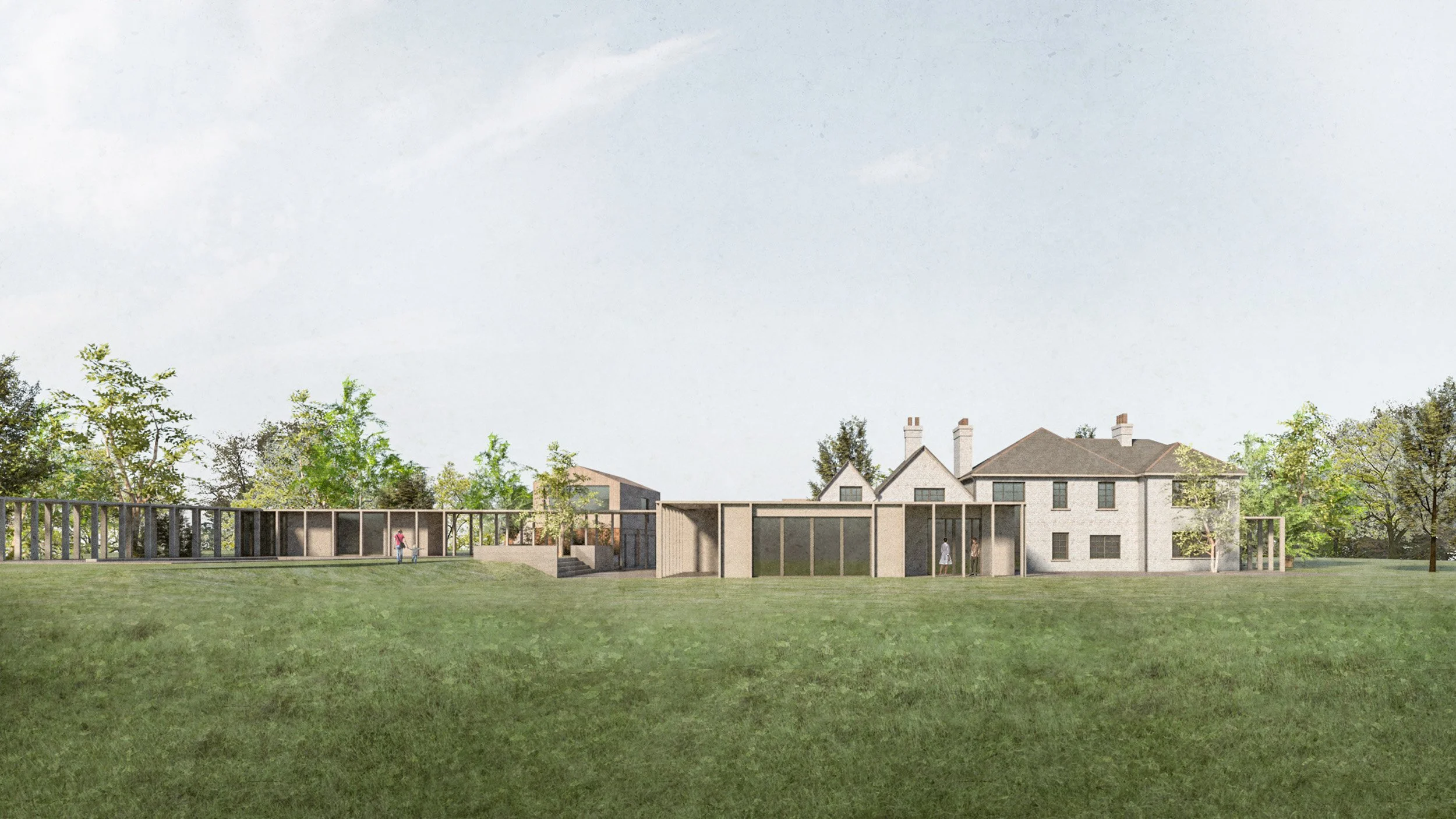 Render of a modern house design with large glass windows, surrounded by a grassy lawn and trees, under a partly cloudy sky.