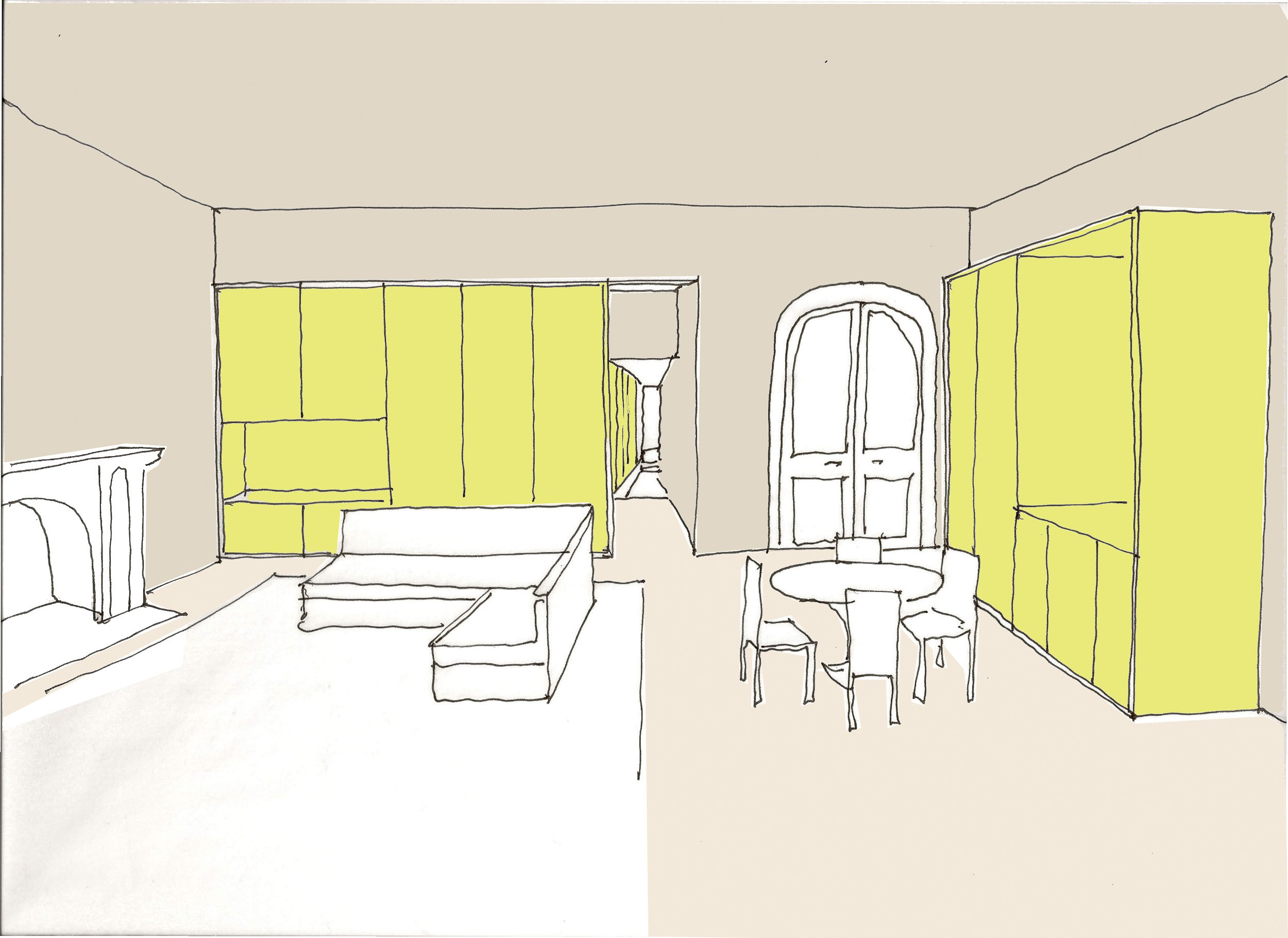 A sketch of a living room with beige walls and ceiling, yellow cabinets, a white fireplace, a door, a dining table with four chairs, and a window with yellow curtains.