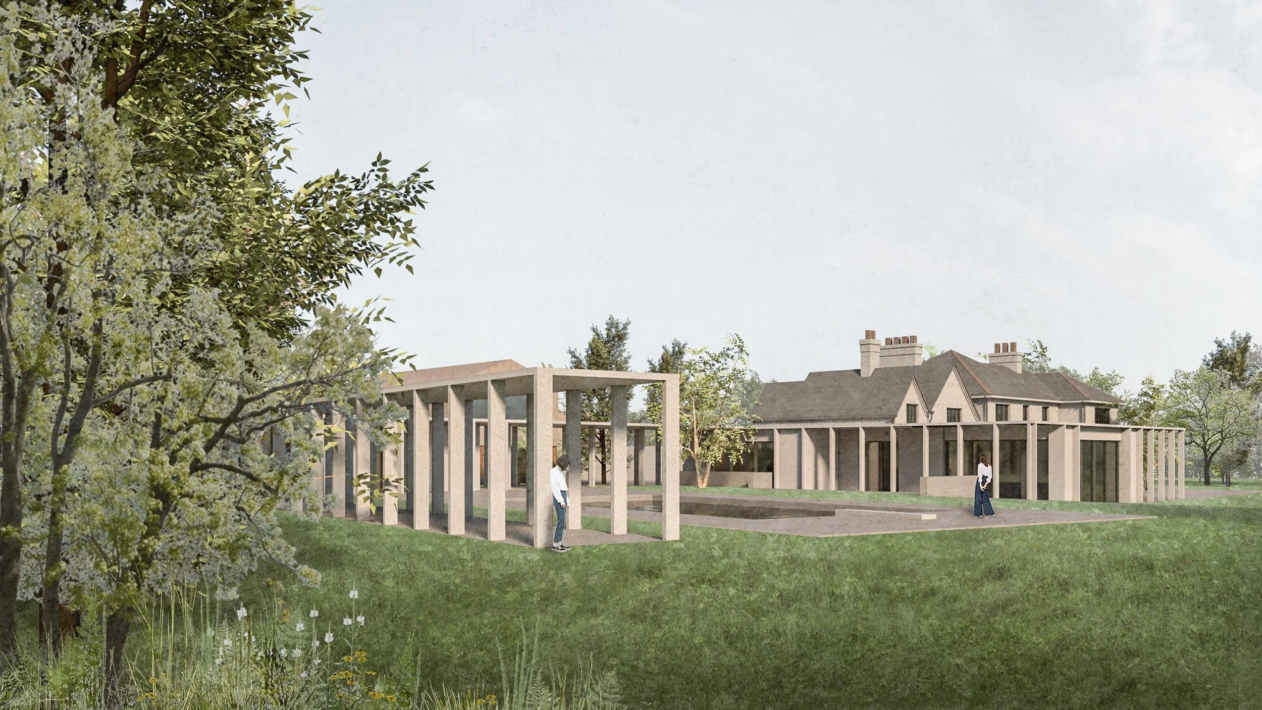 A park with a grassy area, trees, and a modern architectural structure with vertical concrete beams, set against a residential building with chimneys in the background. There are two people walking near the structure.