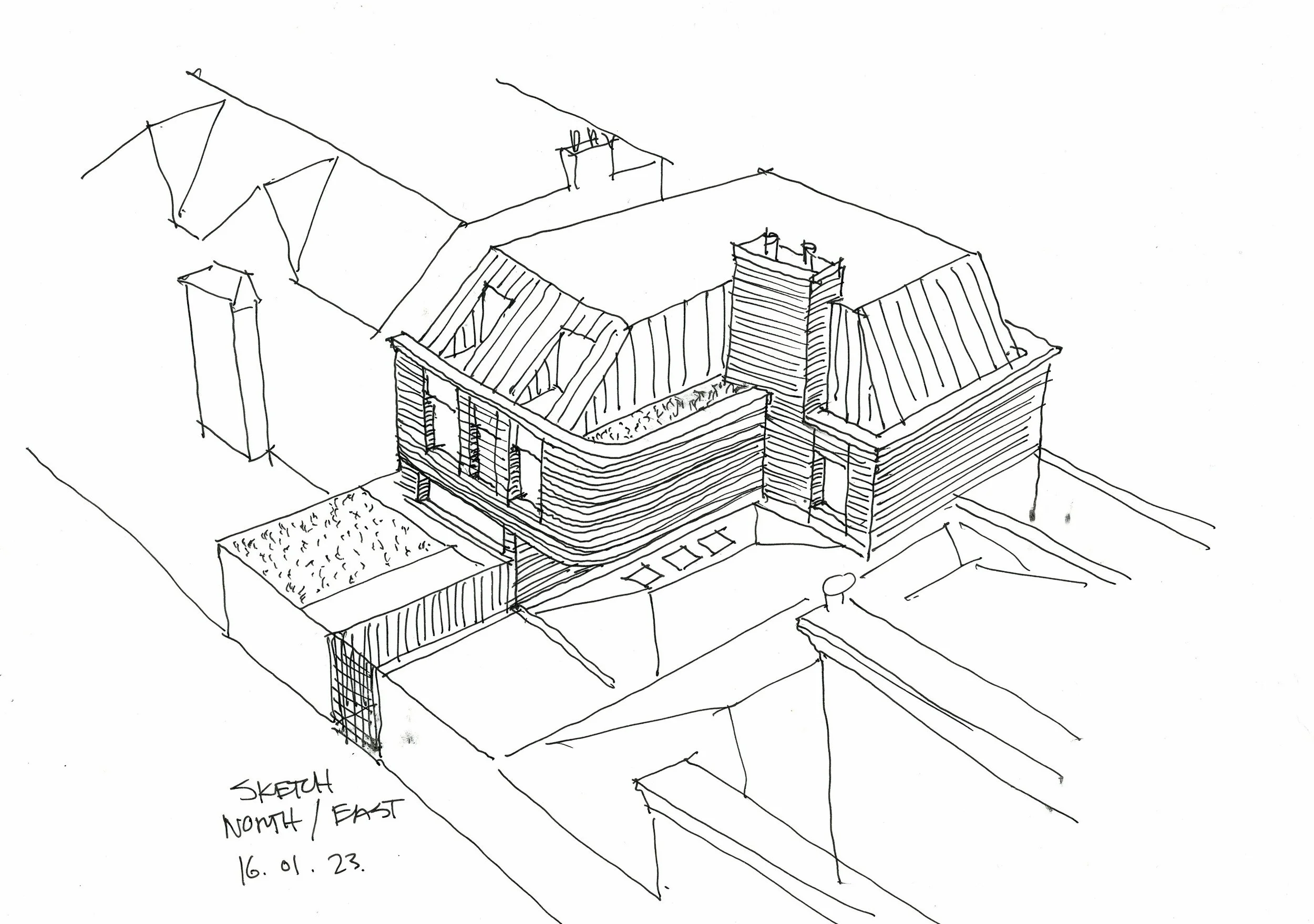 A black and white perspective sketch of a house with a unique roof design, showing different sections and rooftops, some of which are pitched and others flat, with details including windows, doors, and chimney stacks.