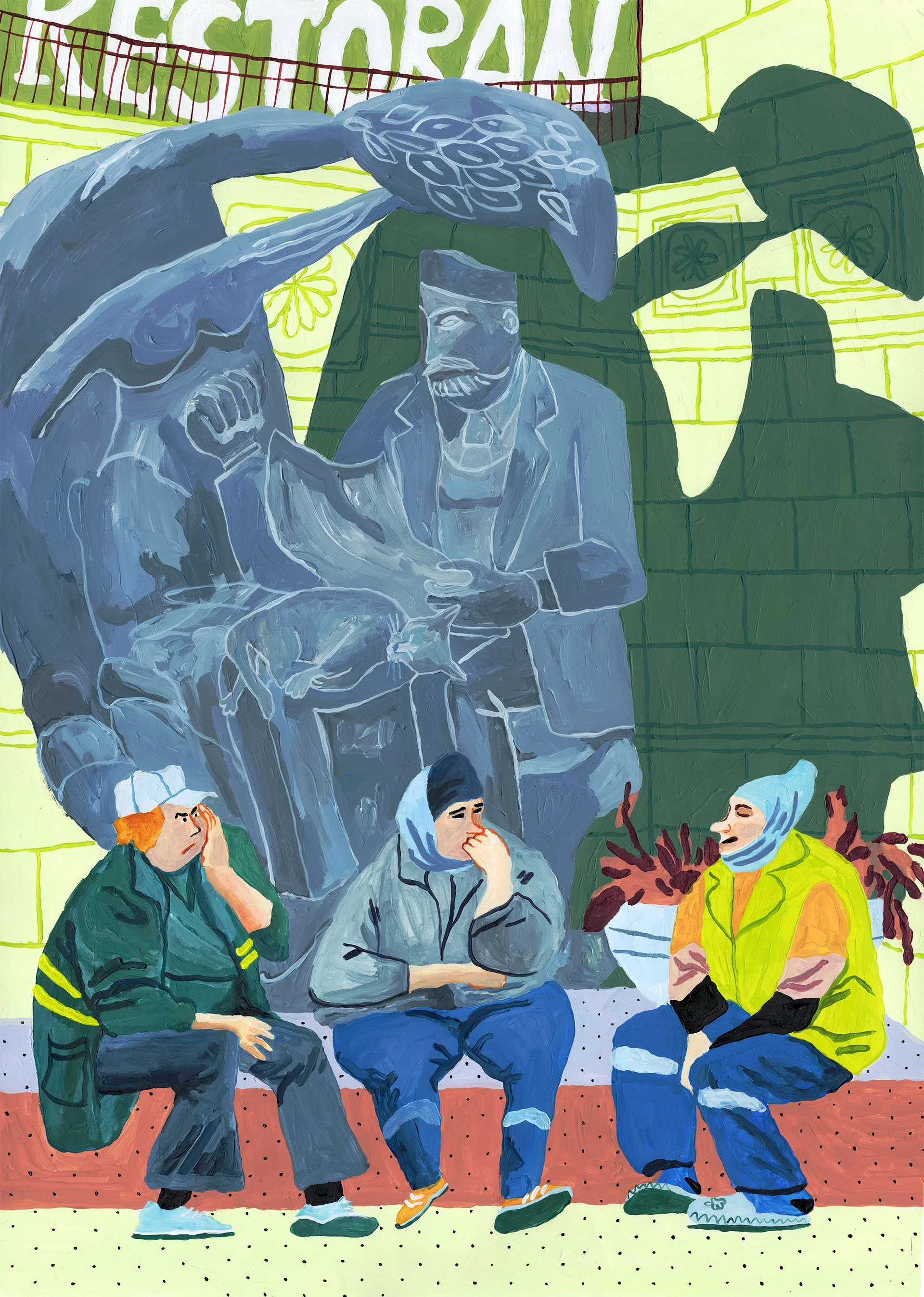 'Three Ladies and Mister Journalist' | Acrylics on paper | 50 x 70 cm | 2025 | $1400