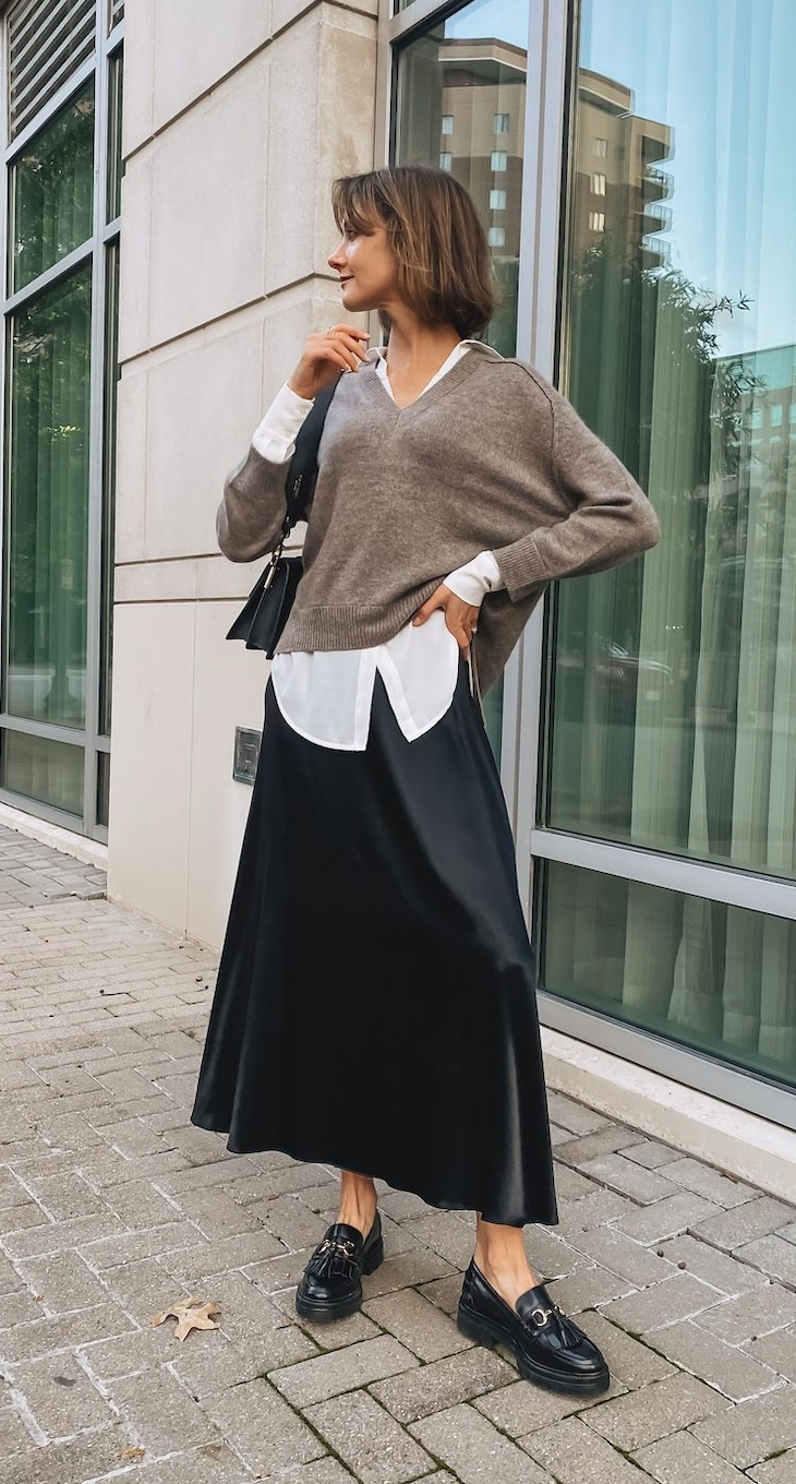 dress without heels silk skirt black loafers.png