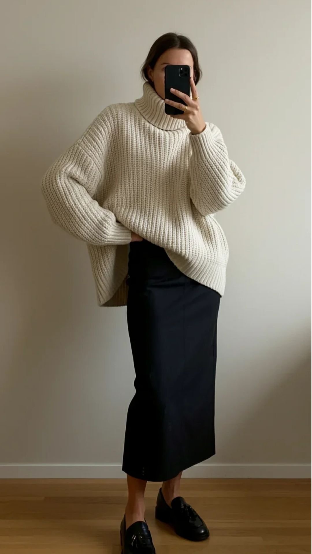 dress without heels cream turtle neck black loafers.png