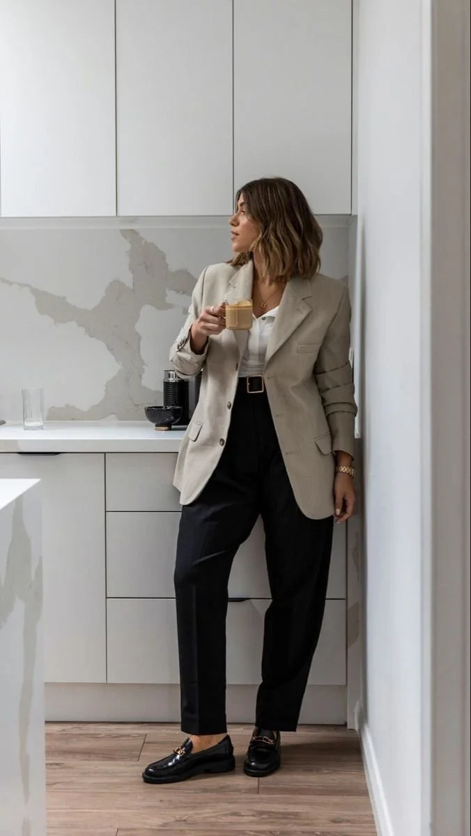 dress without heels beige blazer black loafers.jpg