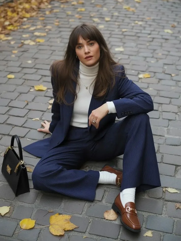 A woman sitting on a cobblestone street with fallen autumn leaves, wearing a navy pinstripe suit, cream turtleneck, white socks, brown loafers, and carrying a black handbag.