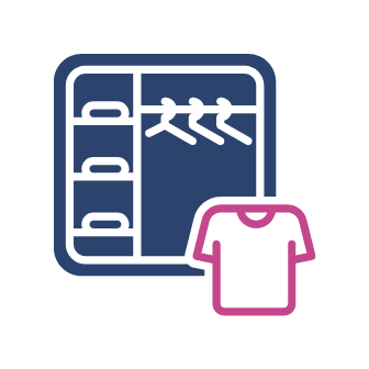 Outline of a closet with shelves, hangers, and a pink t-shirt.