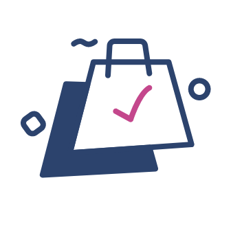 Shopping bag with a pink checkmark and abstract geometric background.