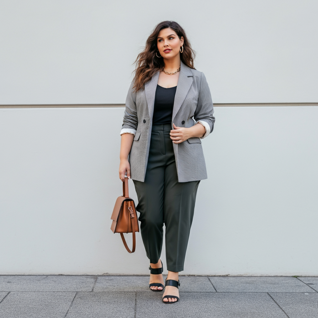 Woman in professional attire holding a brown handbag, standing against a plain wall.