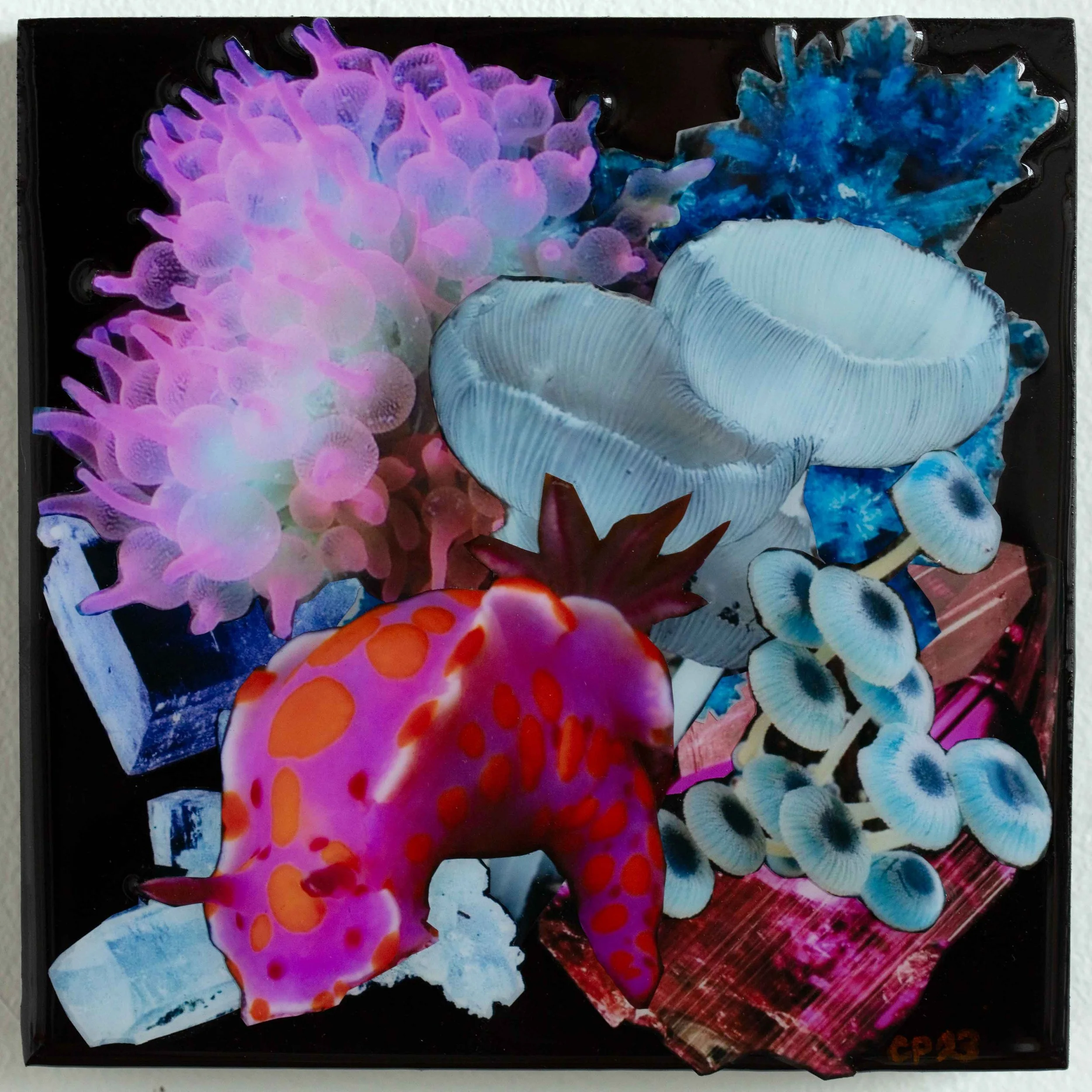 NudiPinkAquarium 8" x 8" Acrylic, collage, resin on wood panel, 