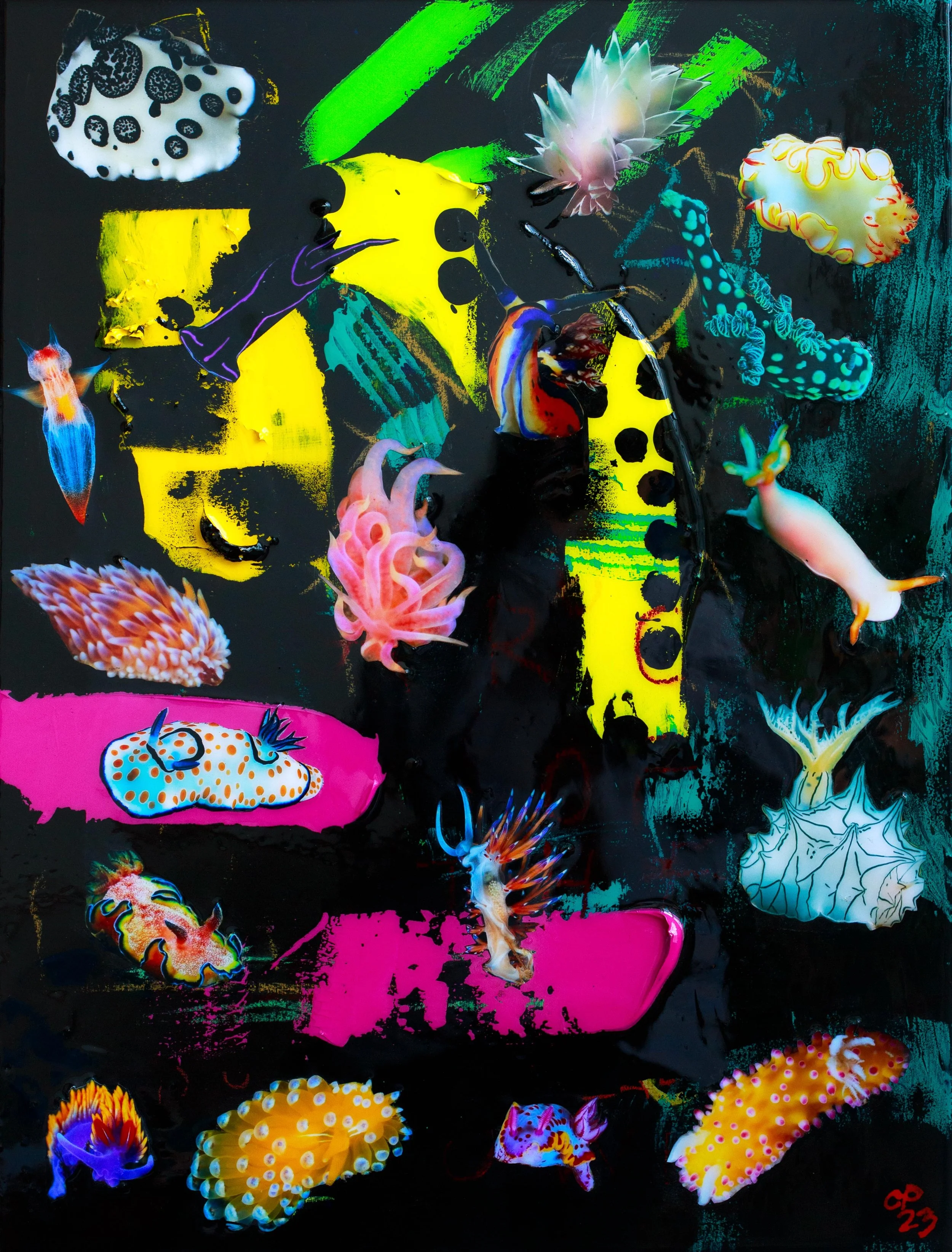 NudiBananaSpots 18" x 24" Acrylic, collage, resin on wood panel