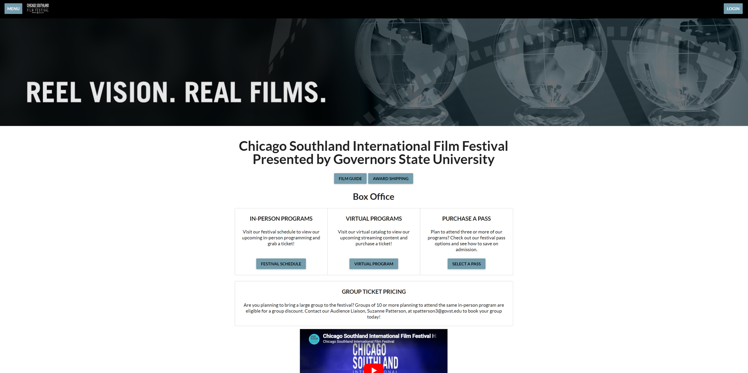 Screenshot of the Chicago Southland International Film Festival website homepage featuring a dark background with globe graphics and white text headline 'REEL VISION. REAL FILMS.' The page offers options for film guides, award shipping, and festival programs in-person or virtual.
