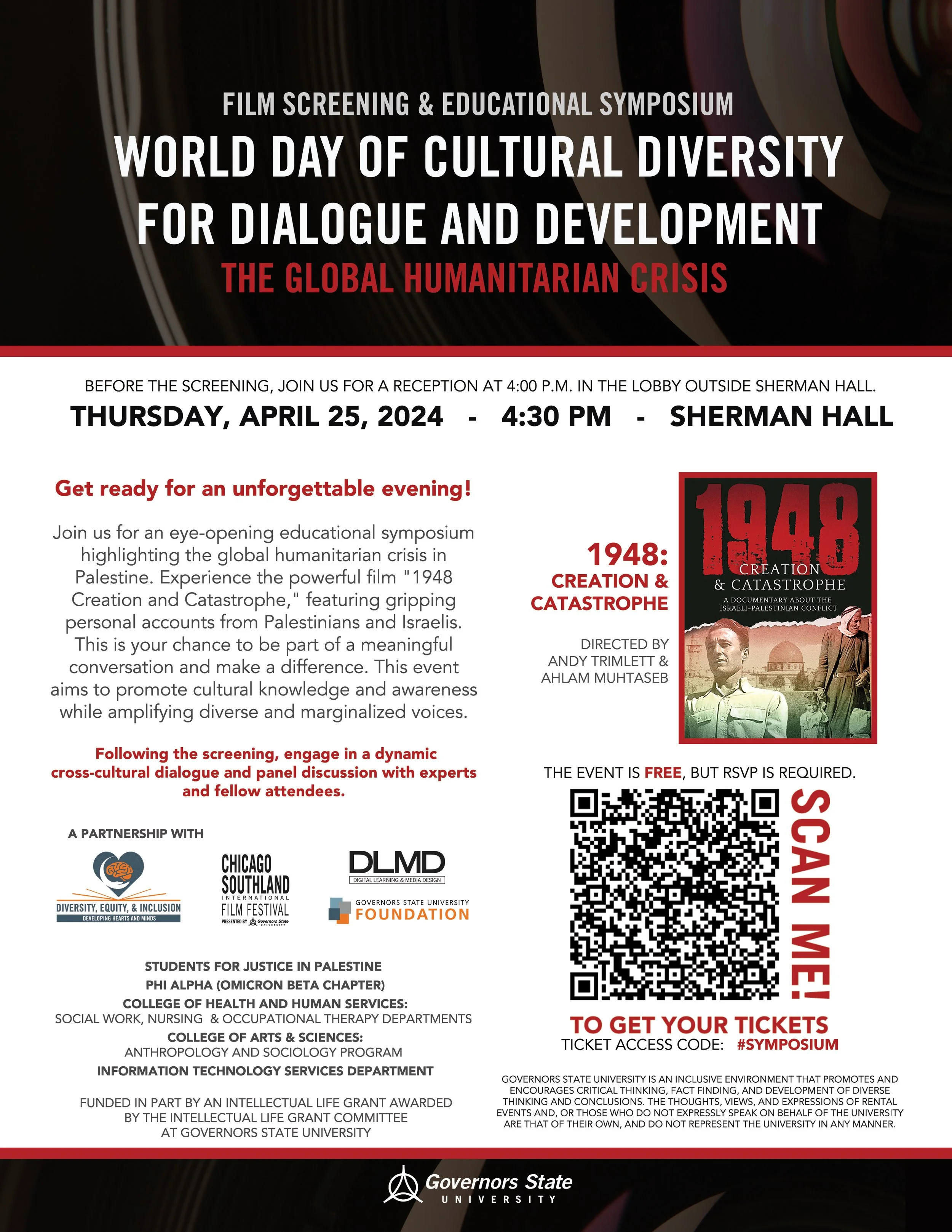 Invitation for a film screening and educational symposium titled "World Day of Cultural Diversity for Dialogue and Development" focusing on the global humanitarian crisis. The event is scheduled for Thursday, April 25, 2024, at 4:30 PM in Sherman Hall, Governors State University. The poster includes a QR code for ticket access and mentions collaboration with various organizations such as Chicago Southland International Film Festival and Governors State Foundation.