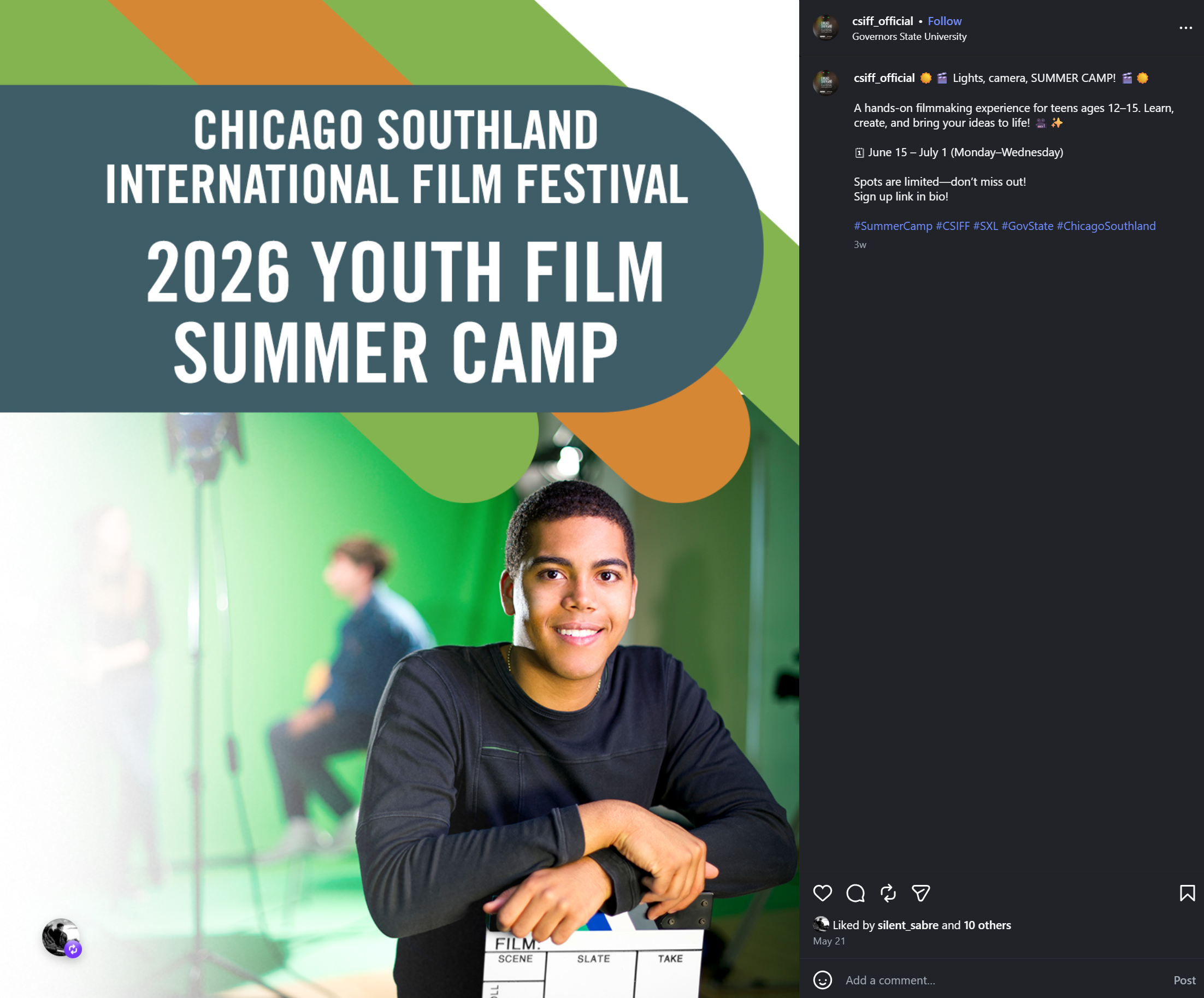 A young man smiling in front of a green screen, holding a film clapperboard, with a colorful abstract background.
