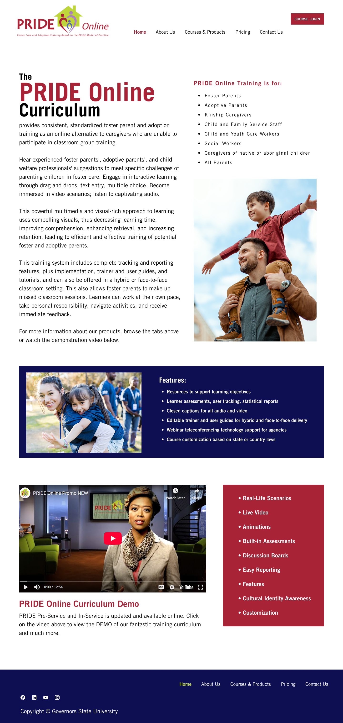 Online training website homepage for PRIDE, showcasing a man carrying a child on his shoulders outdoors, and a woman with a child at a park, promoting foster care and adoption training.