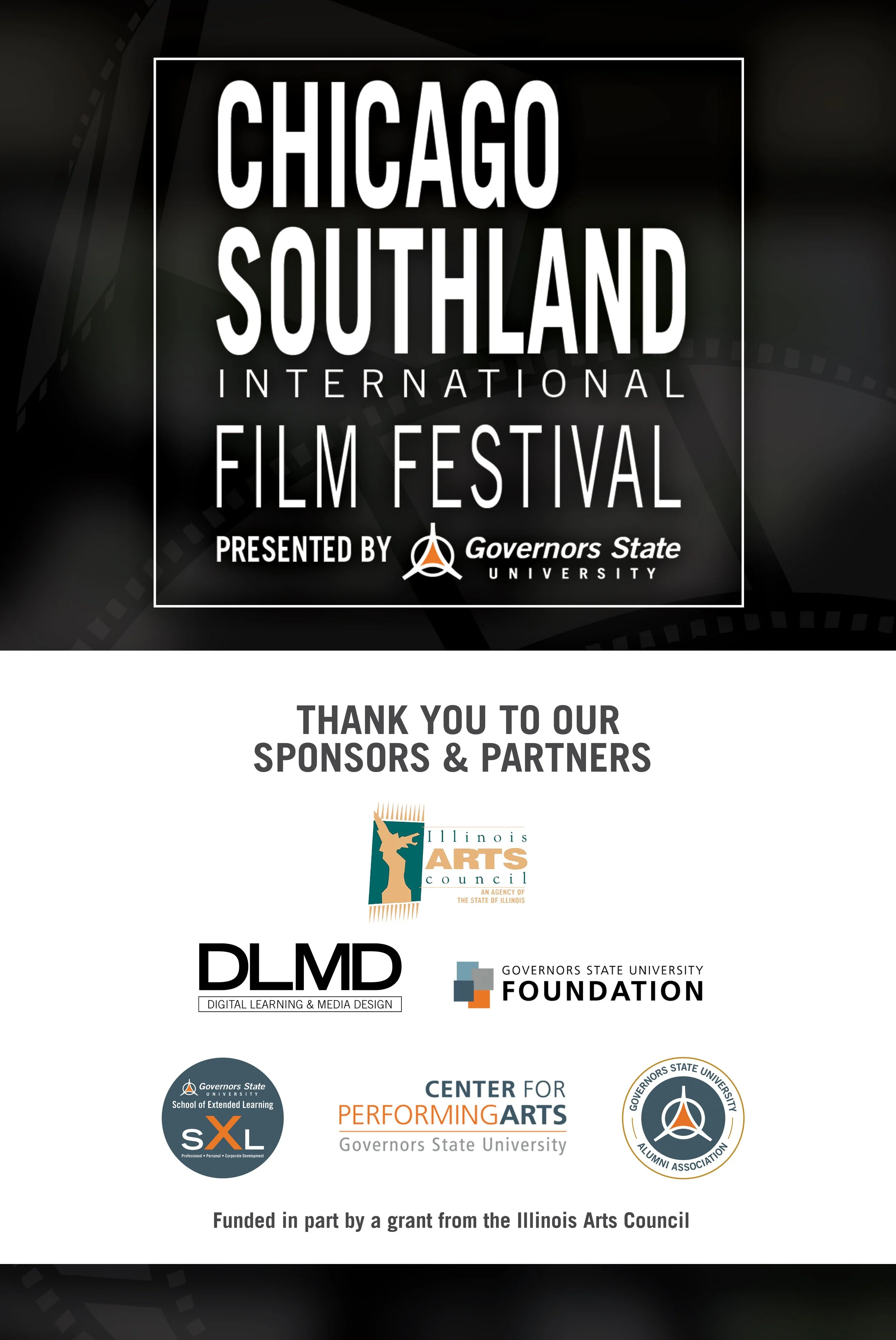 Logos of several sponsors and partners for the Chicago Southland International Film Festival, including Governors State University, Illinois Arts Council, and others. The text states it is funded in part by a grant from the Illinois Arts Council.