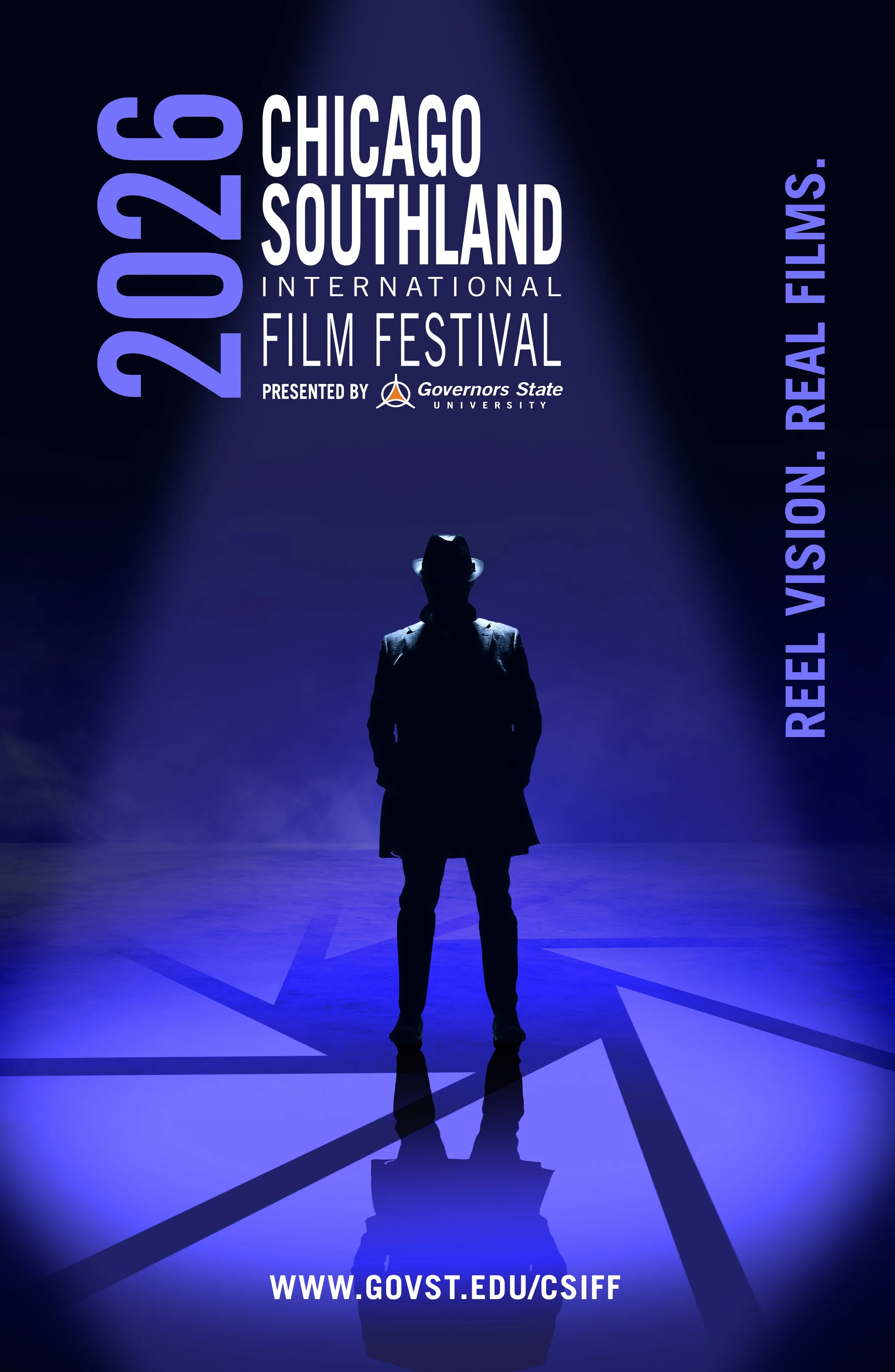 Poster for the 2023 Chicago Southland International Film Festival, presented by Governors State University, with a silhouette of a person in a hat and coat standing on a stage and a geometric design on the floor.