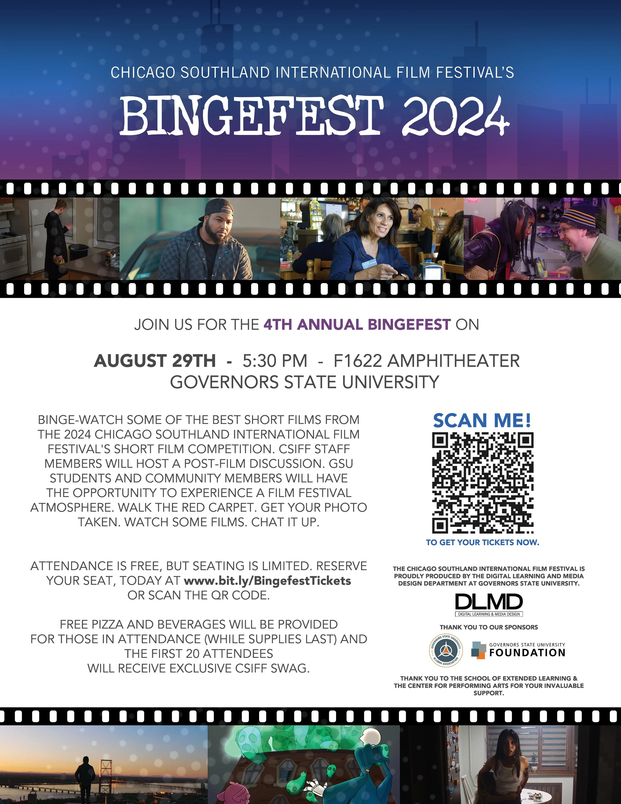 Poster for 2024 Bingefest at Chicago Southland International Film Festival, taking place August 29th at 5:30 PM in Governors State University's F1622 Amphitheater. The poster features a blue and purple background with city skyline and film reel design, includes photos of diverse people, and a QR code for ticket information.