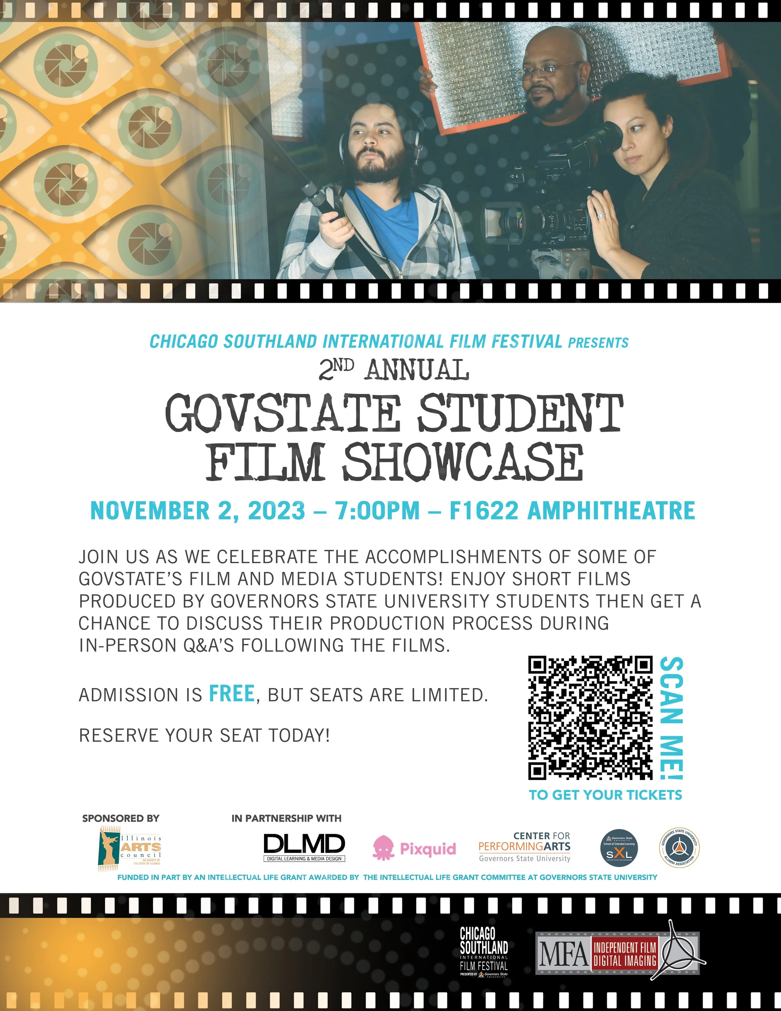 Event poster for the 2nd Annual GovState Student Film Showcase at Chicago Southland International Film Festival, featuring a photo of a camera crew filming, with information about date, time, location, and sponsors at the bottom.