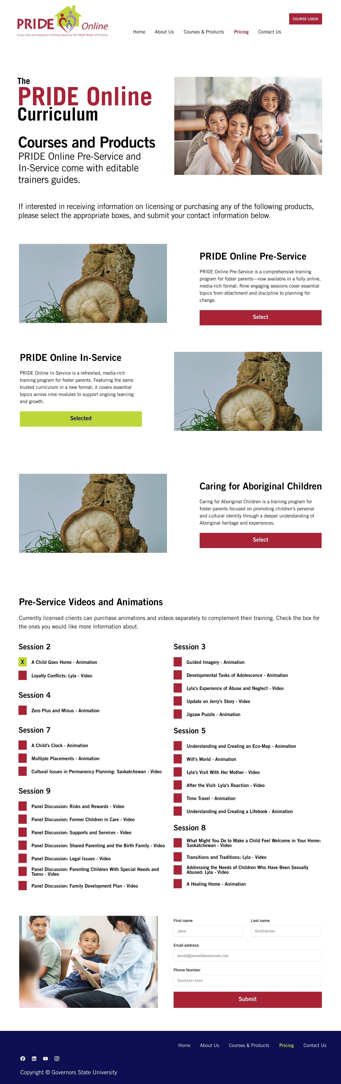 A website homepage for PRIDE Online Curriculum featuring courses on foster care and Aboriginal children, with images of children and textured wood logos.