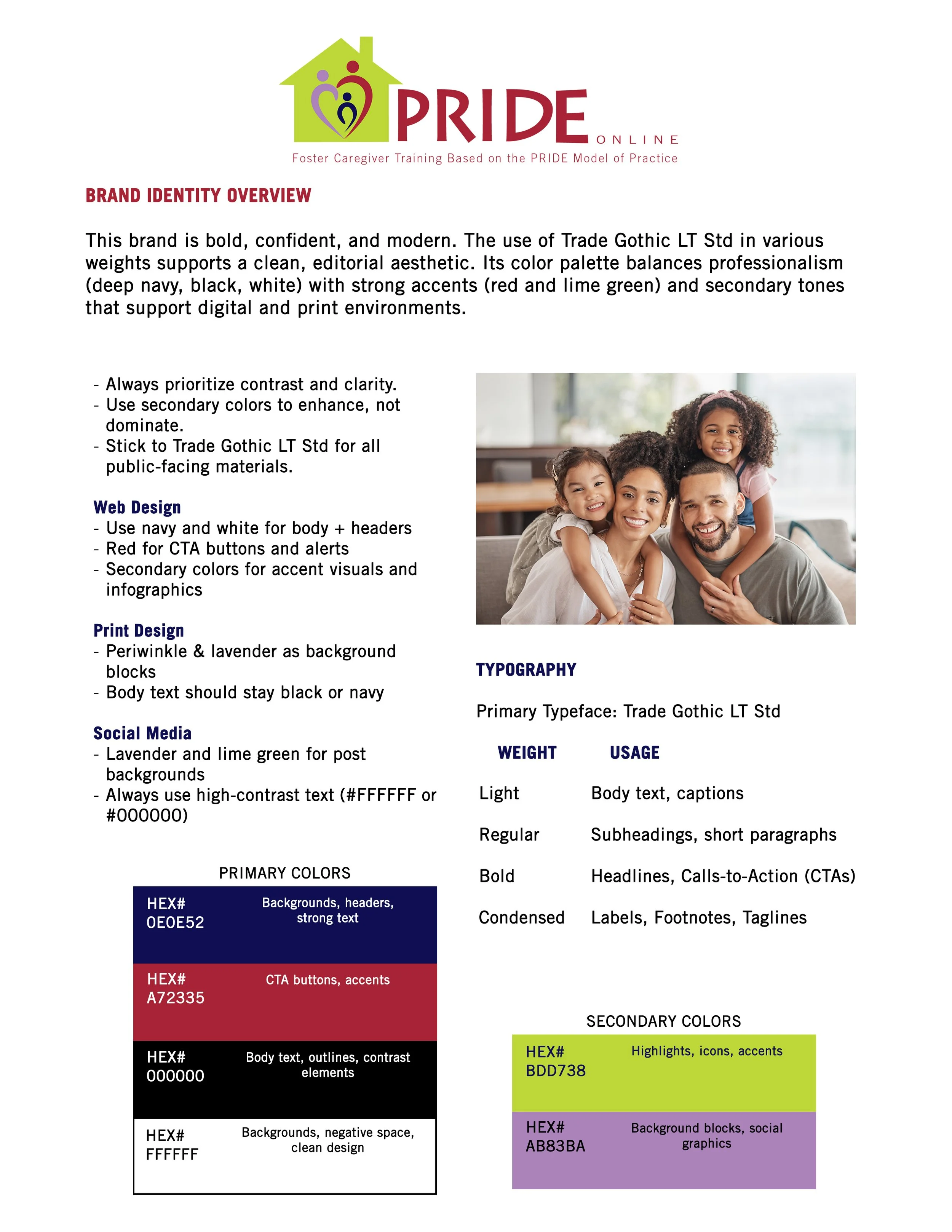 A document titled 'PRIDE ONLINE' about brand, web, print design, typography, and color schemes, with a photo of a diverse family of five smiling together in a living room.