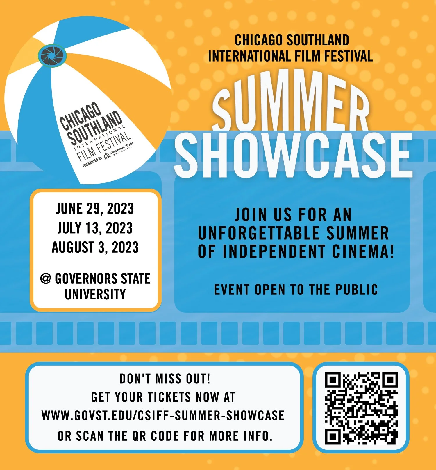 Poster for the Chicago Southland International Film Festival Summer Showcase. It features a large graphic of a beach ball with the festival logo. Dates listed are June 29, July 13, and August 3, 2023, at Governors State University. The poster invites the public to attend and provides website and QR code for tickets.