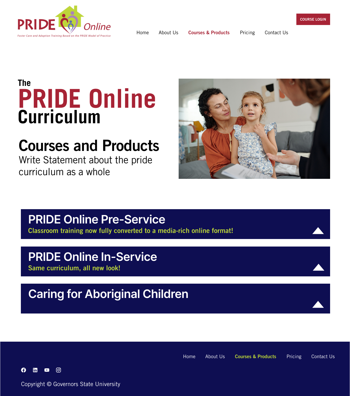 Screenshot of online curriculum webpage for PRIDE program, featuring a woman and a young girl talking to a professional. The page includes sections for courses, pre-service, in-service, caring for Aboriginal children, and navigation links, with socia