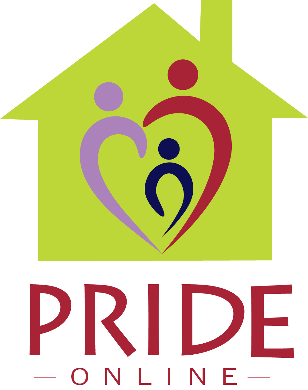 Logo featuring a purple, navy blue, and red family of three inside a green house outline with the words "PRIDE ONLINE" underneath.