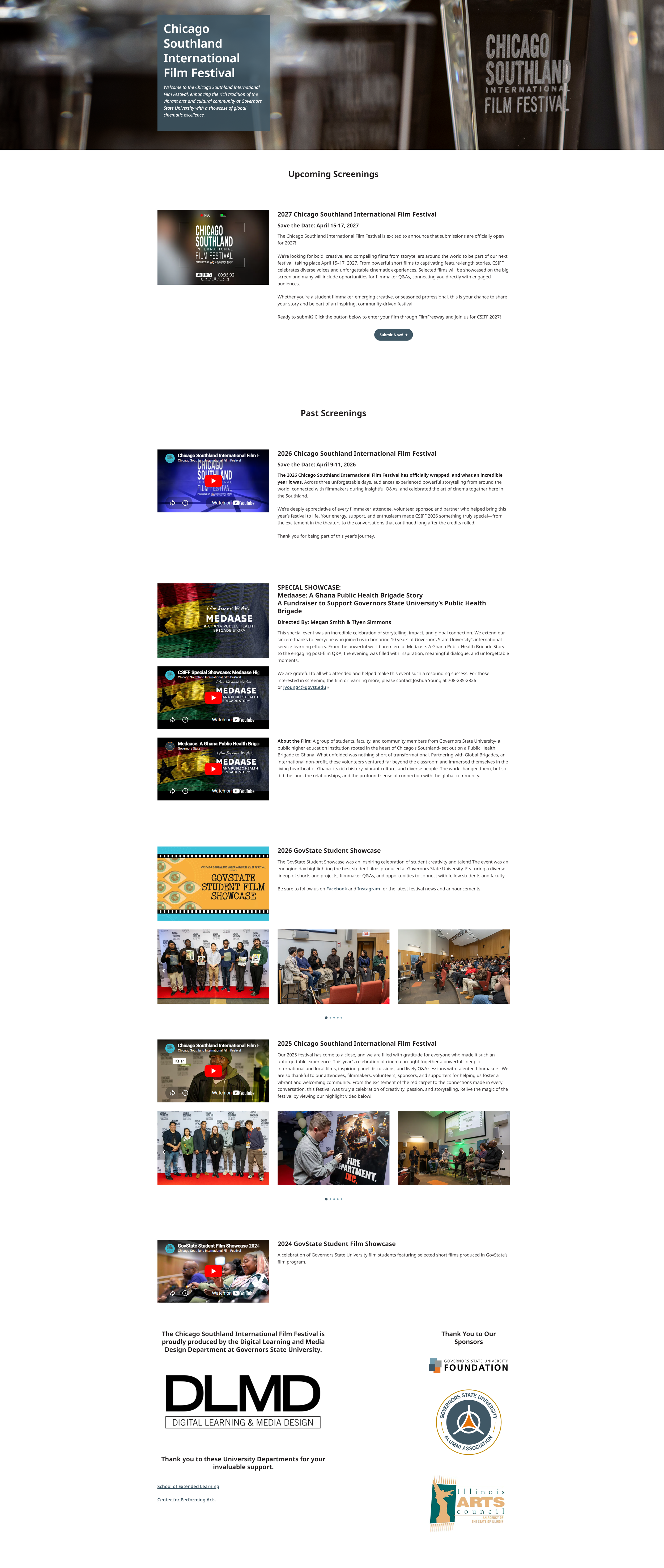 Screenshot of the Chicago Southland International Film Festival webpage featuring upcoming and past screenings, including images, titles, and descriptions of films and events, along with sponsor logos and acknowledgments.