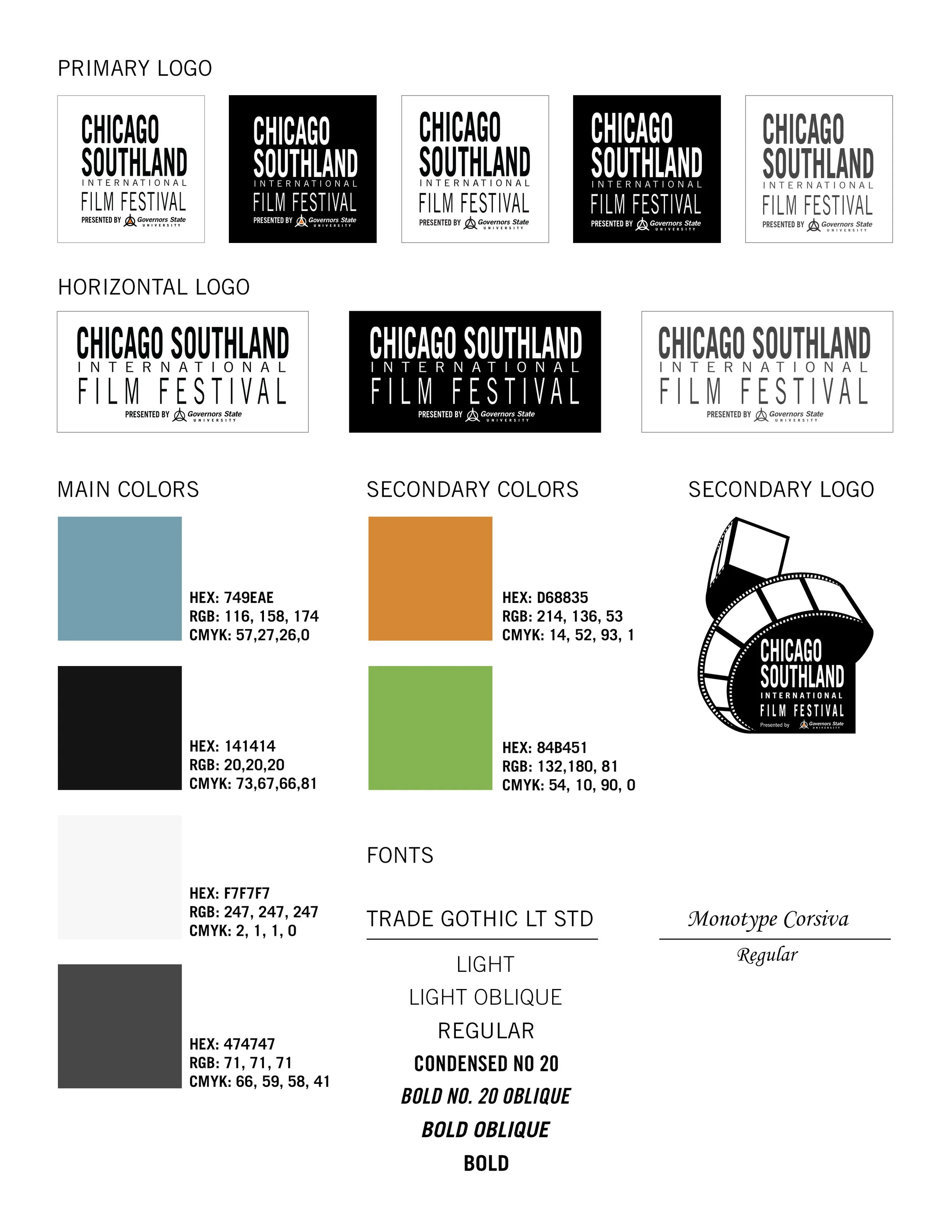 A style guide showcasing logo variations, color palettes, font options, and typography details for the Chicago Southland International Film Festival, presented by Governors State University.