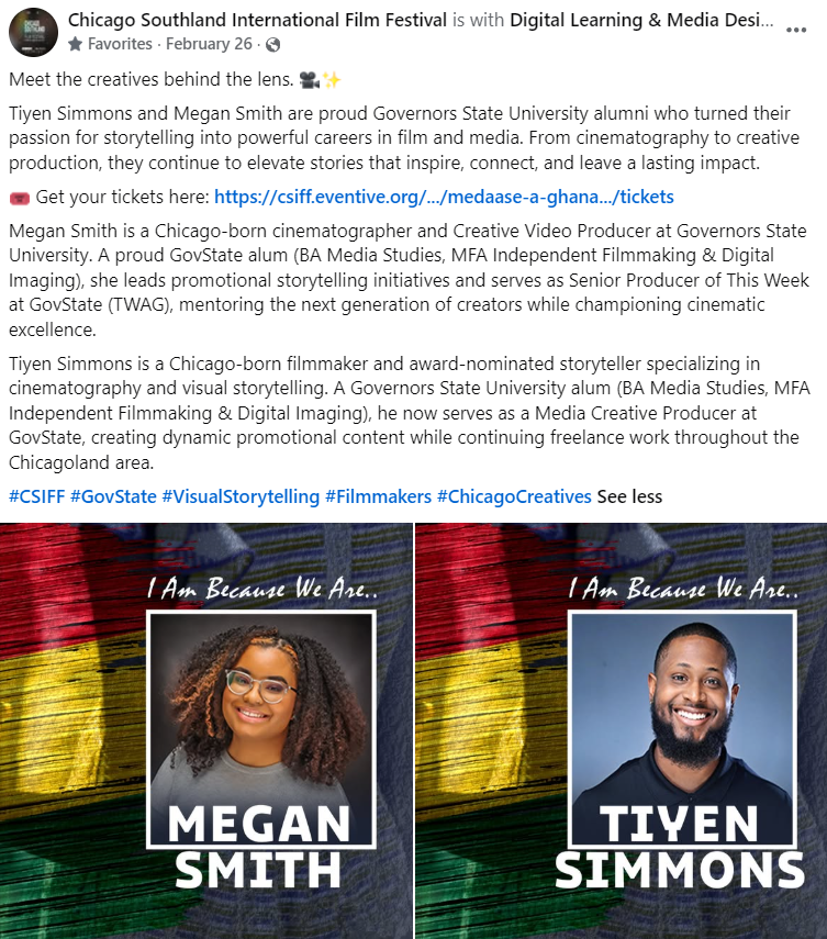 Photos of Megan Smith and Tiyen Simmons against a background featuring a painted flag with red, yellow, green, and black stripes. Megan Smith is a woman with curly hair and glasses, smiling, with her name displayed below. Tiyen Simmons is a man with a beard, also smiling, with his name displayed below.