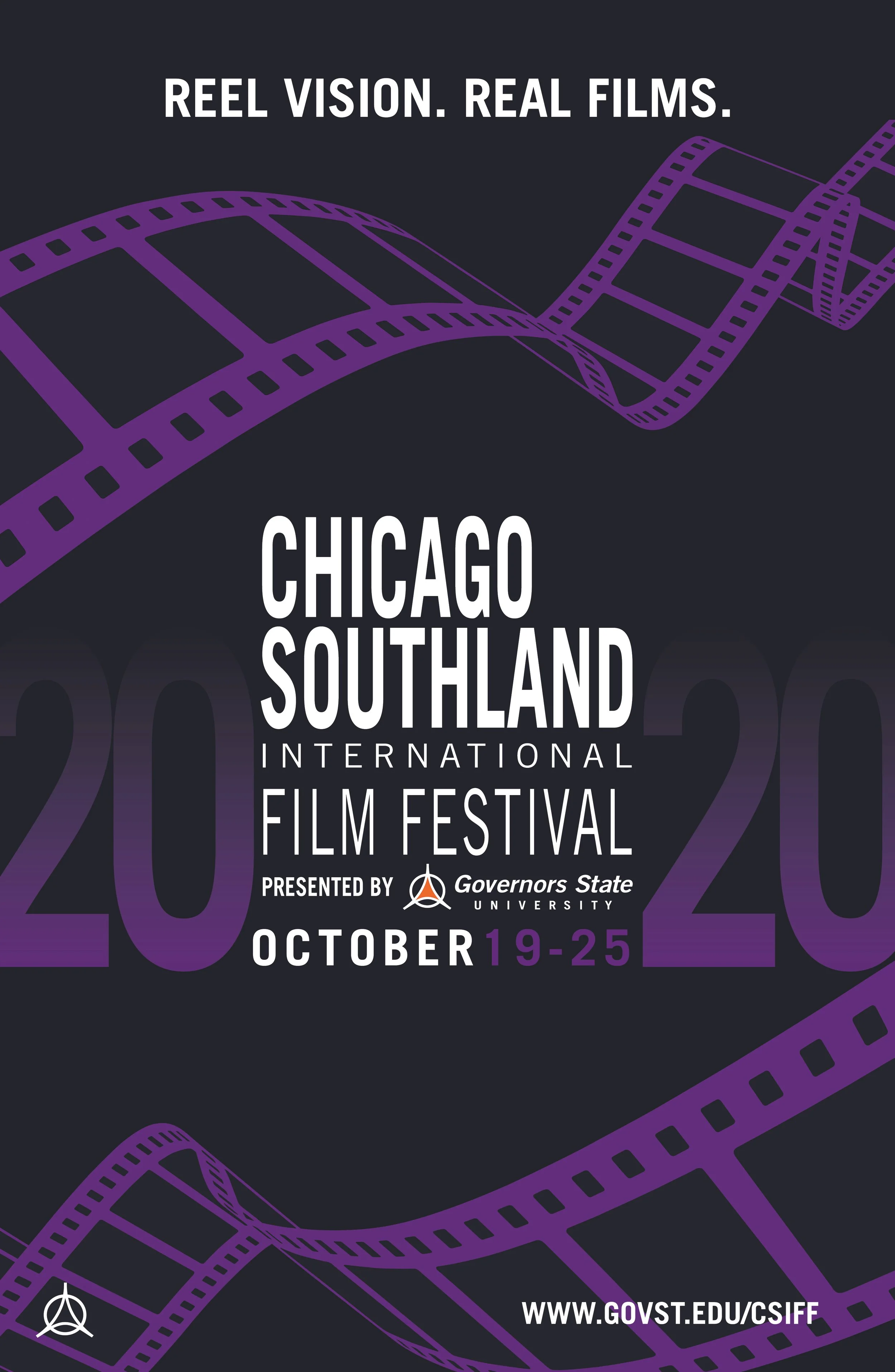 Poster for the 2022 Chicago Southland International Film Festival, held October 19-25, presented by Governors State University. The poster features a purple film strip with black and purple text on a dark background.