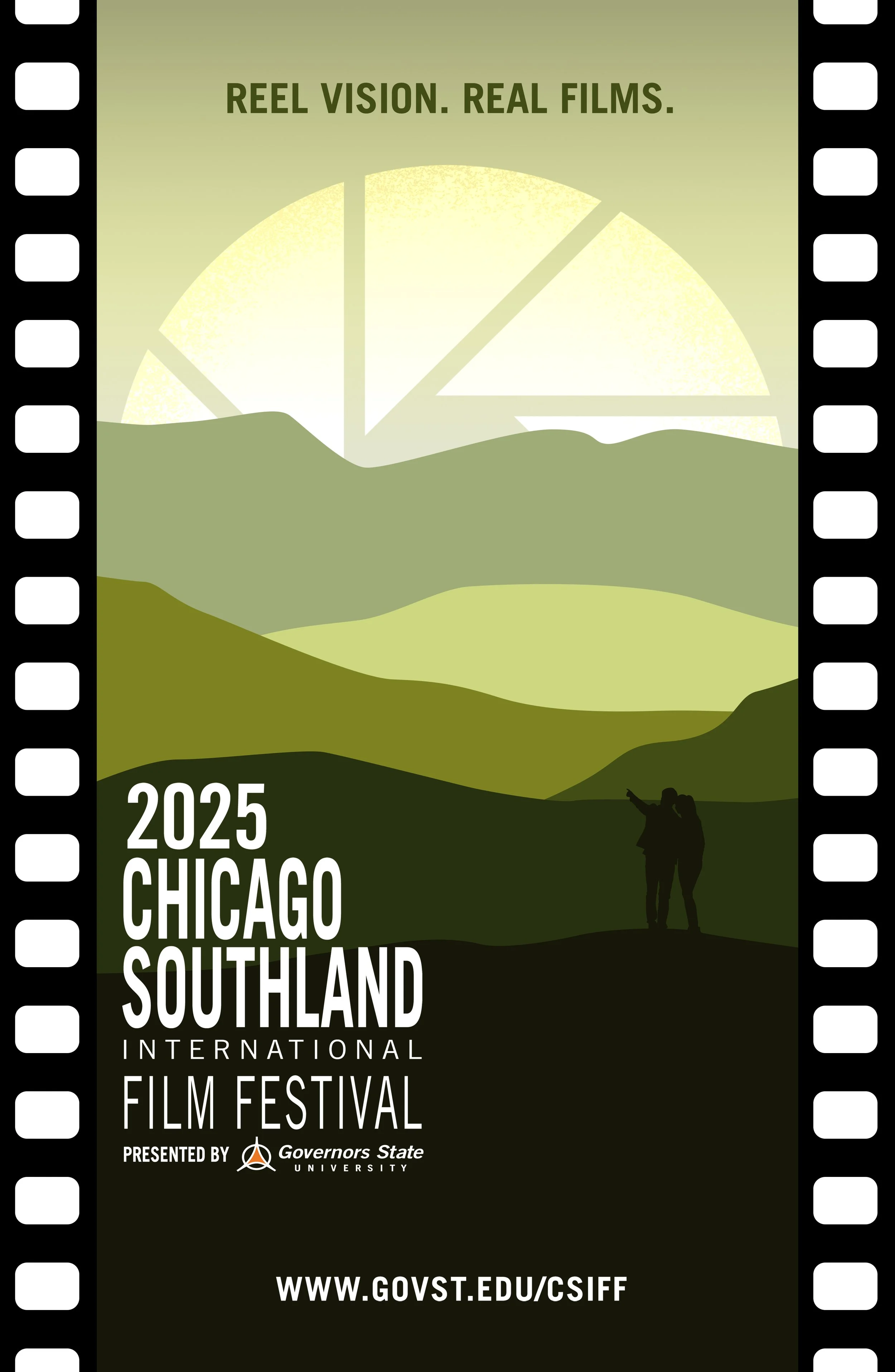 A promotional poster for the 2025 Chicago Southland International Film Festival featuring a scenic landscape with rolling hills, a silhouette of two people, and a bright sun in the sky. The text includes event details and the website www.govst.edu/csi.