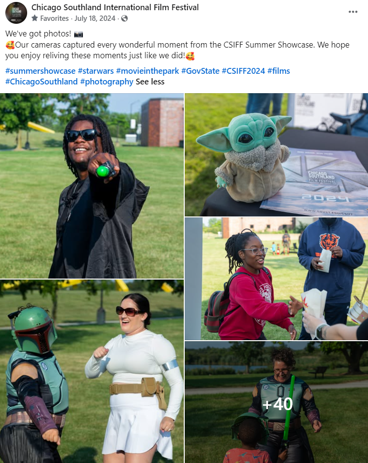Photos from the Chicago Southland International Film Festival at the CSIFF Summer Showcase showing people in costumes and casual outdoor settings, including a person dressed as Boba Fett and children engaging in activities.