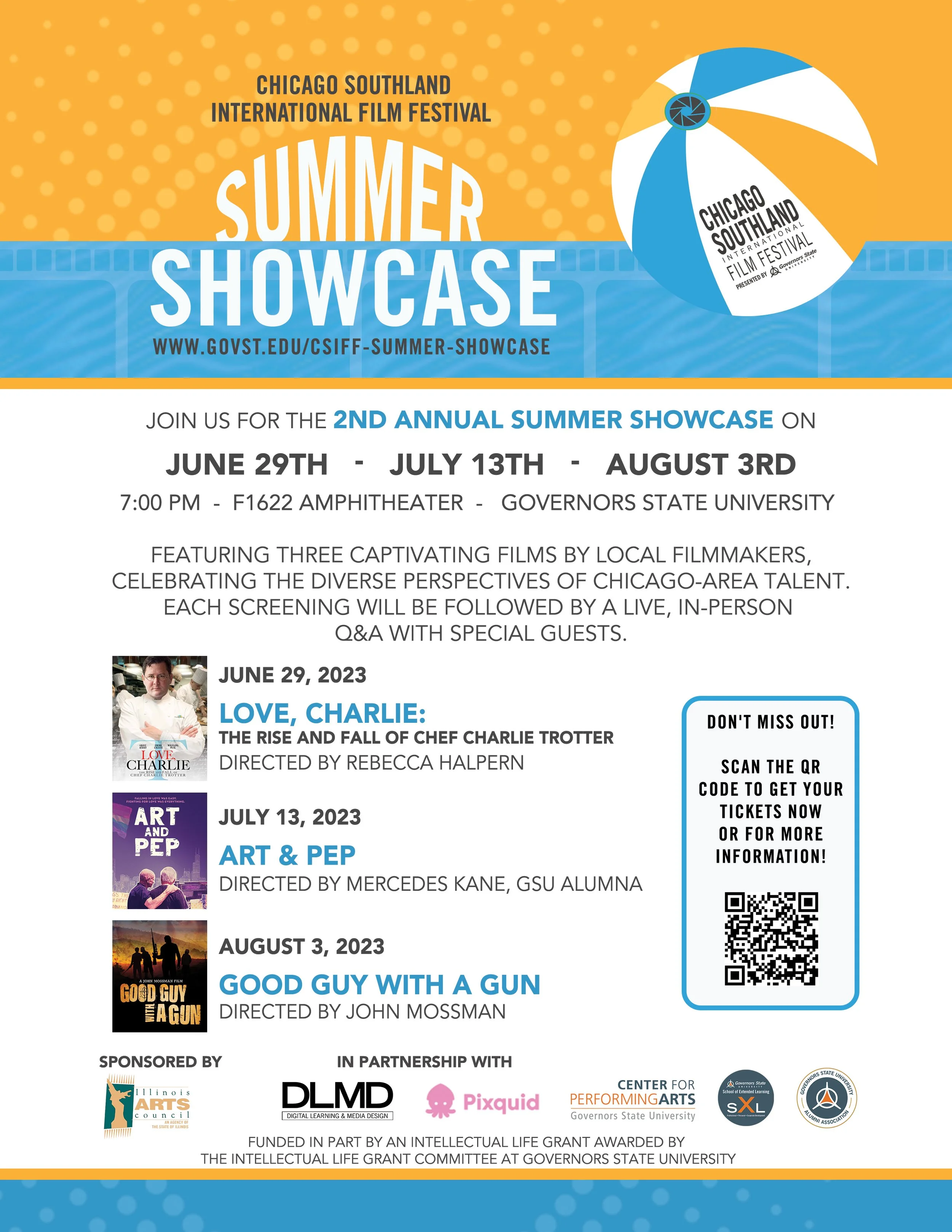 Flyer for the Chicago Southland International Film Festival Summer Showcase featuring dates, locations, and film descriptions, with a beach ball graphic at the top.