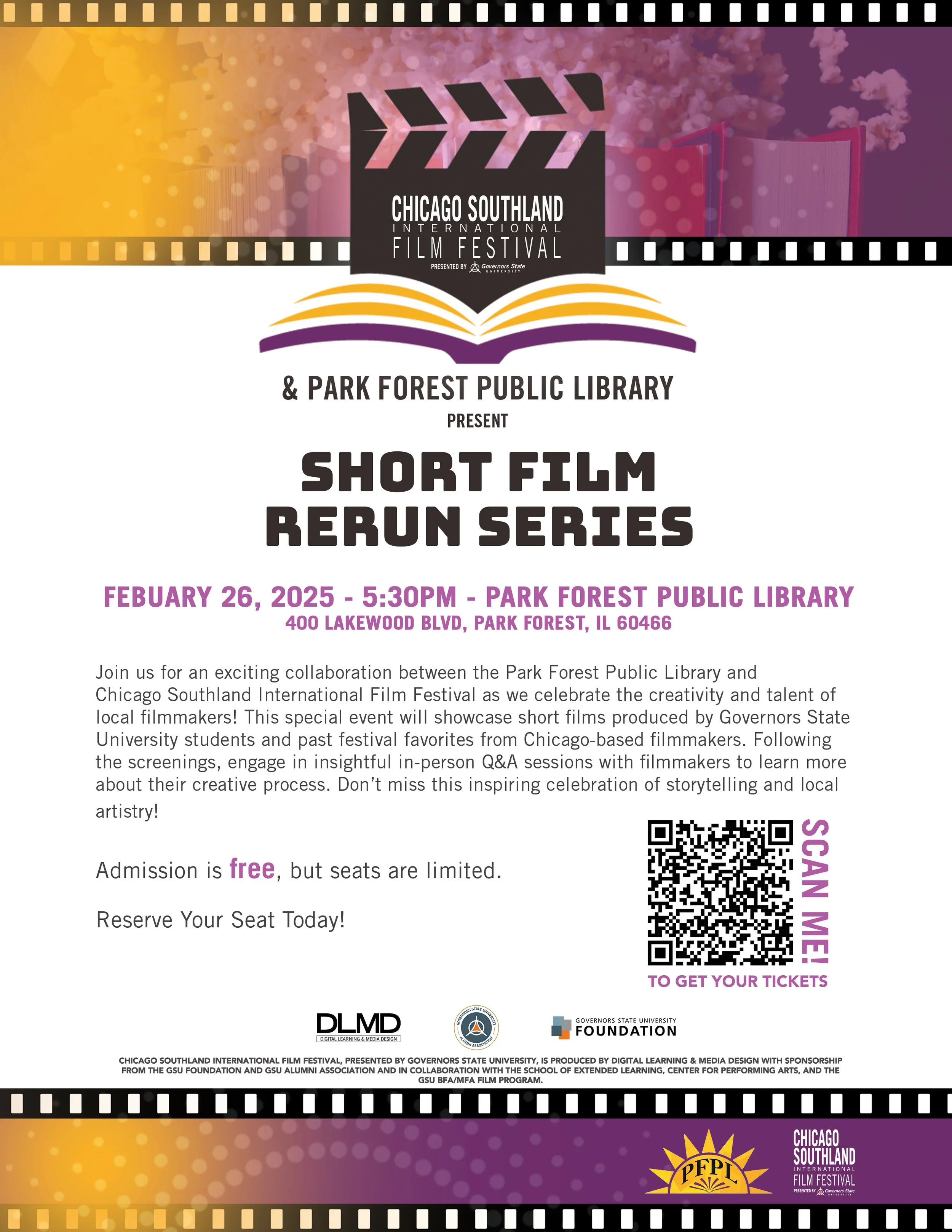Festival poster advertising the Chicago Southland International Film Festival, presented by Governors State University, featuring a short film rerun series at Park Forest Public Library on February 26, 2025.