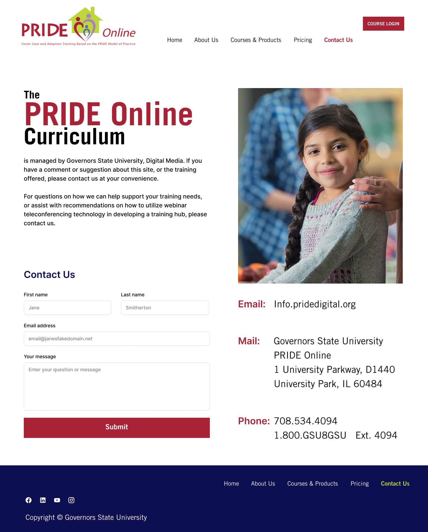 Screenshot of a website called PRIDE Online, offering foster care and adoption training. The site includes a logo with a house and three figures, a menu with links, a large photo of a young girl with braided hair smiling, and a contact form with fiel