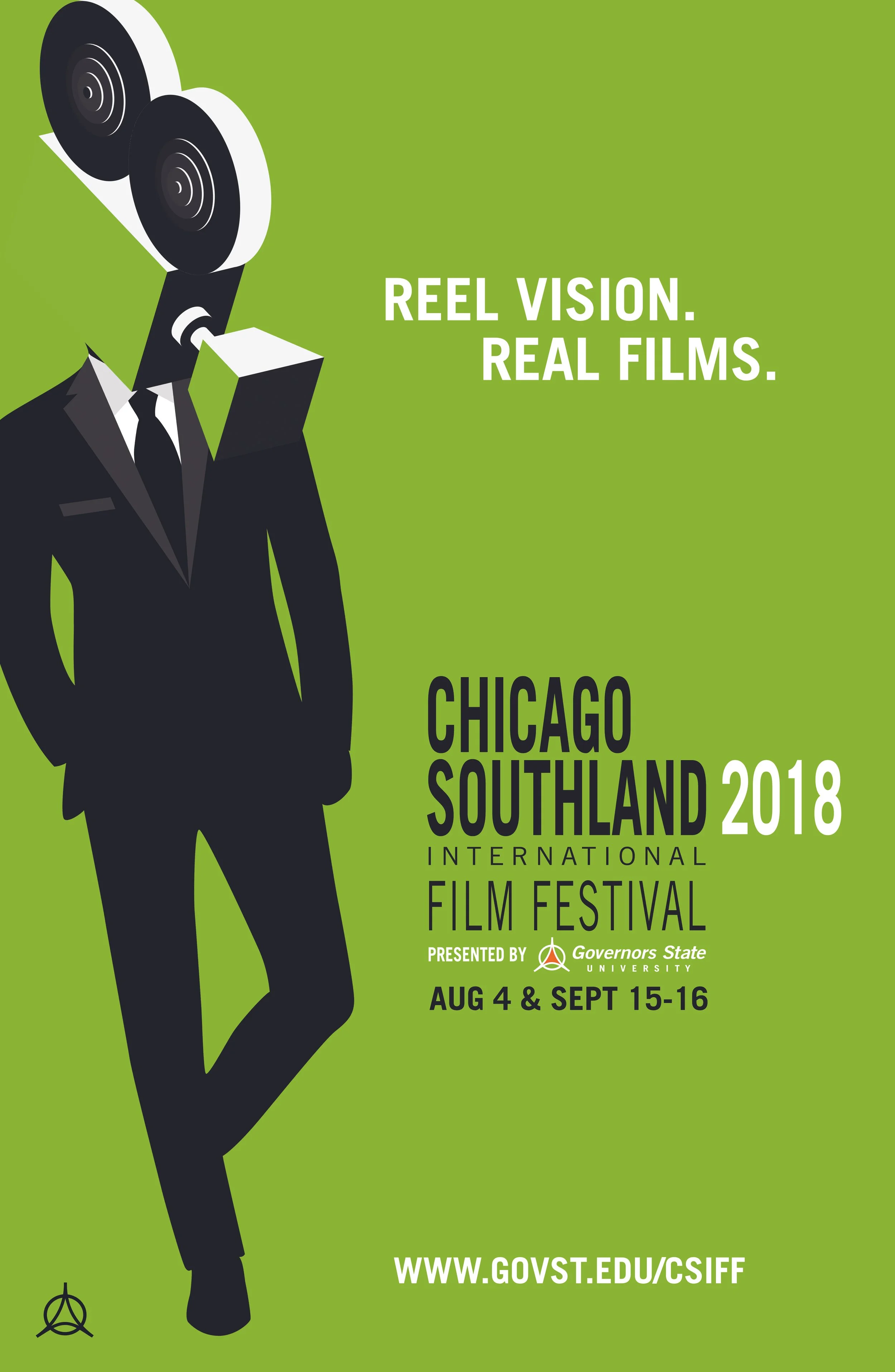 Graphic poster for the Chicago Southland International Film Festival 2018 featuring a stylized image of a person in a suit with a film reel for a head, set against a bright green background. The text promotes the festival, mentions its dates August 4 and September 15-16, and provides a website URL www.govst.edu/csiff.