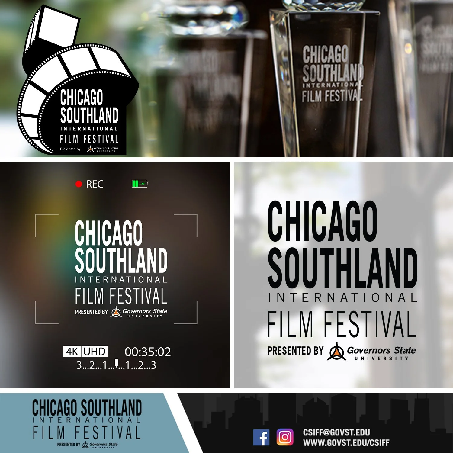 Multiple graphics and photos promoting the Chicago Southland International Film Festival. The images include festival logos, a volunteer or film shoot scene, and award or trophy images. The visuals contain the festival's logo, date, and social media/contact information.