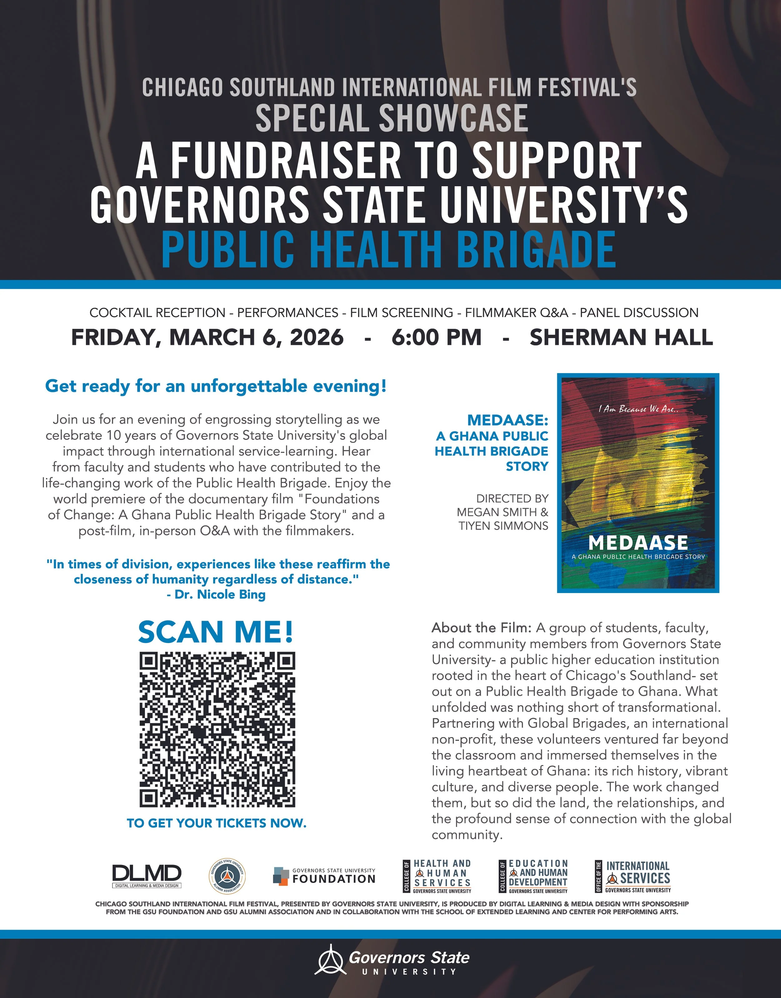Poster for the Chicago Southland International Film Festival's Special Showcase event. Details include date, time, location, and activities such as film screening, panel discussion, and Q&A. Emphasis on supporting Governors State University's Public Health Brigade and the documentary 'Foundations of Change.' Includes a QR code for tickets and logos of sponsors.