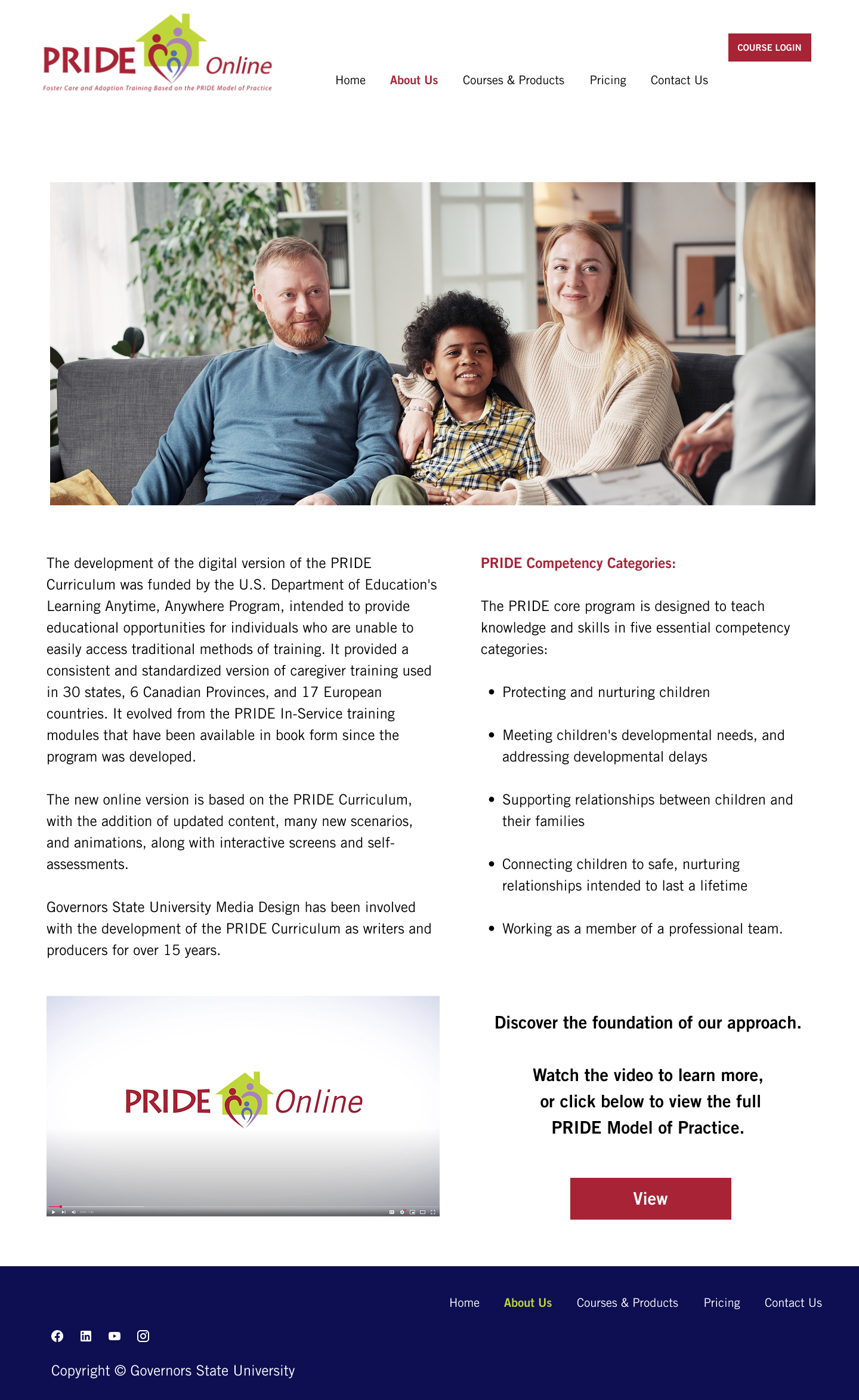 Screenshot of a webpage for PRIDE Online, an educational program on foster care and adoption training, featuring a photo of a diverse group of people sitting on a couch during a consultation or counseling session.