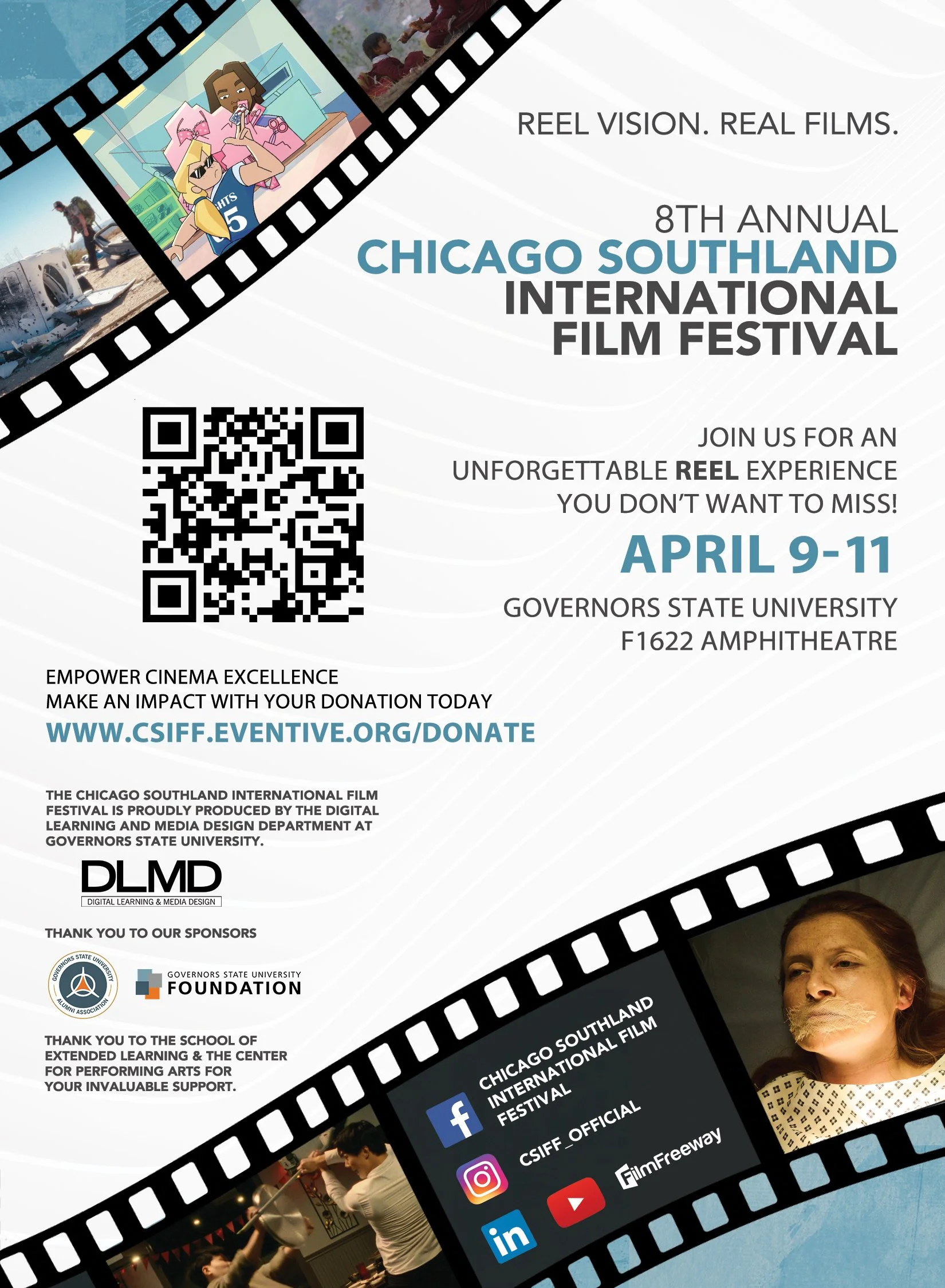A promotional flyer for the 8th Annual Chicago Southland International Film Festival. It features images from films, a QR code for more information, and logos of sponsors and social media icons. The event is scheduled for April 9-11 at Governors State University.