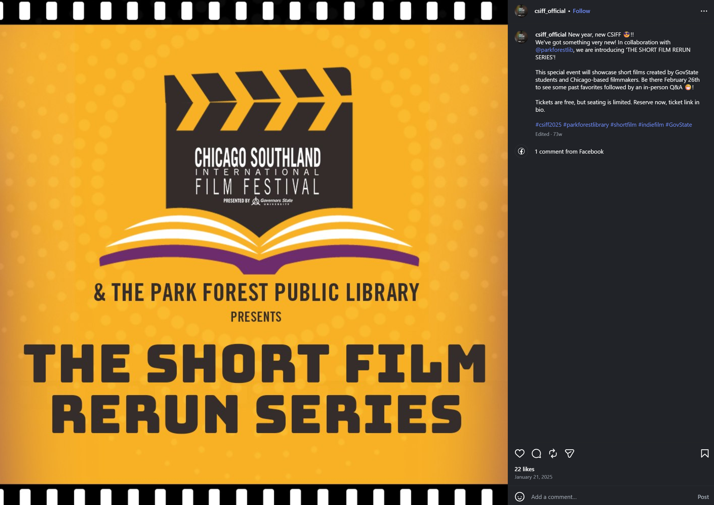 Poster for the Chicago Southland International Film Festival and the Park Forest Public Library presenting a short film rerun series, featuring a yellow background with black film strip borders, a black film clapboard graphic with white text, and an open book graphic at the bottom.