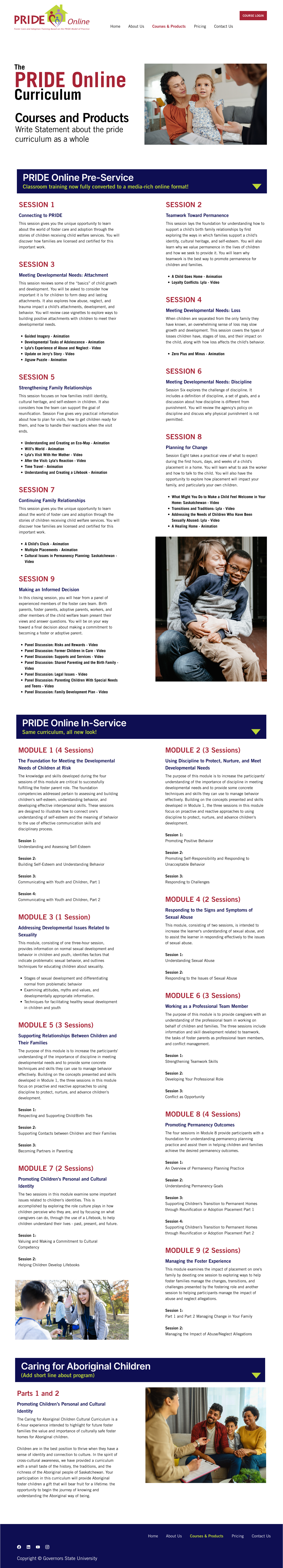Screenshot of the PRIDE Online curriculum webpage featuring images of diverse children and adults, with course modules listed for supporting family relationships, discipline, child development, and caring for Aboriginal children.