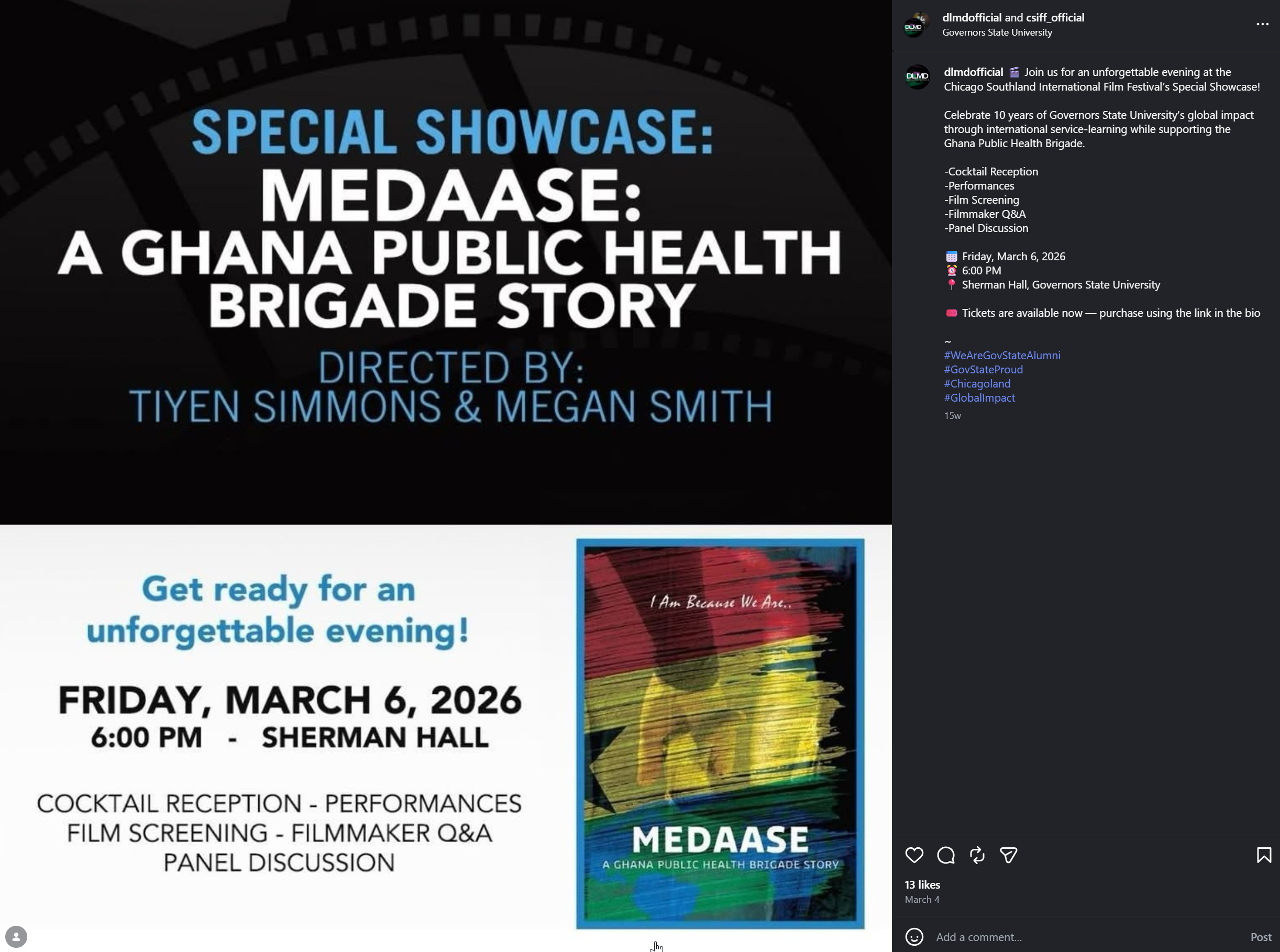 Event poster for a special showcase titled 'MedAAsE: A Ghana Public Health Brigade Story' happening on March 6, 2026, at 6:00 PM in Sherman Hall at Governors State University, featuring a cocktail reception, performances, film screening, filmmaker Q&A, and panel discussion.