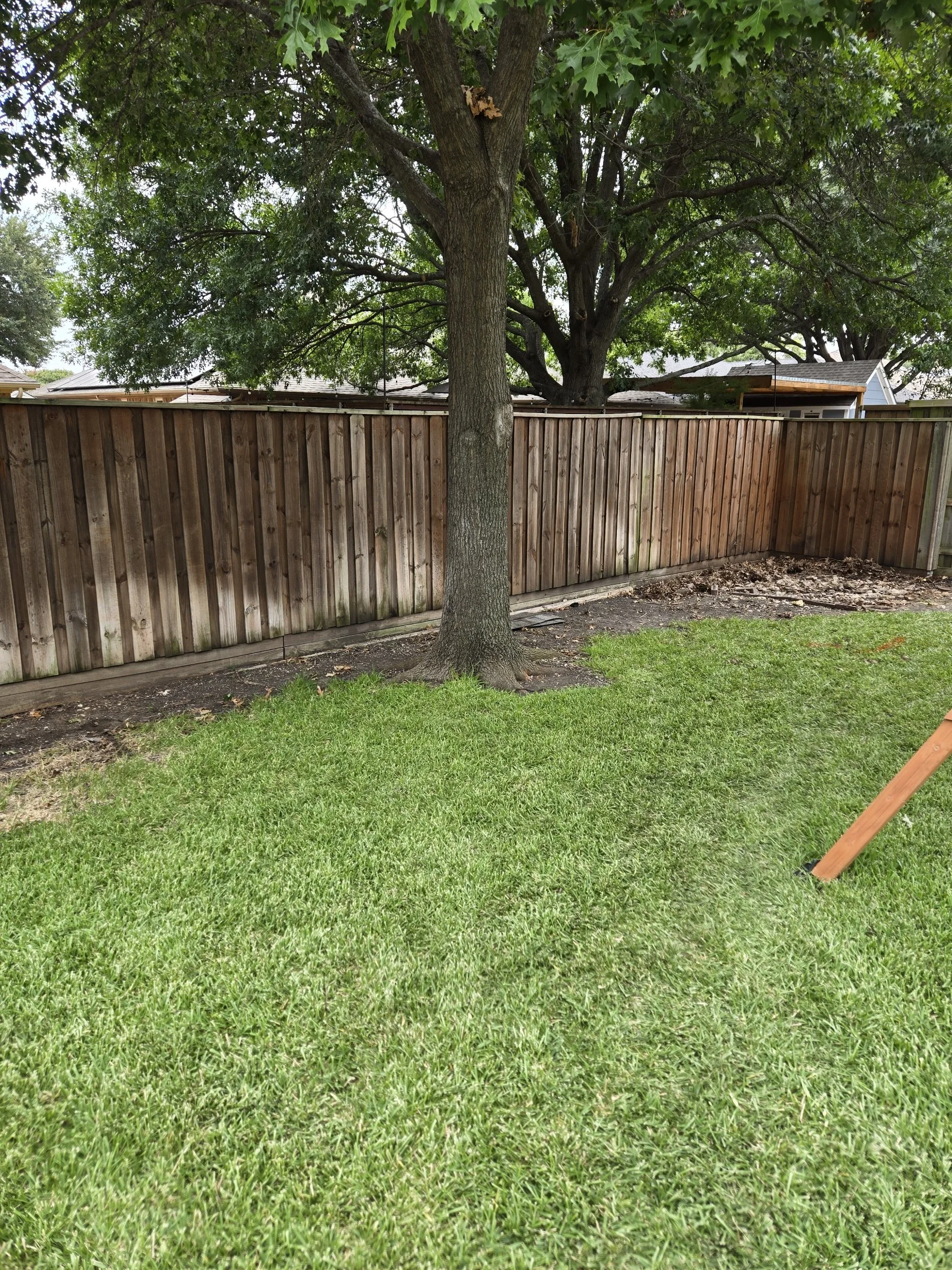 Backyard after shed removal and outdoor junk cleanup in Richardson, TX with the old shed and unwanted items removed.